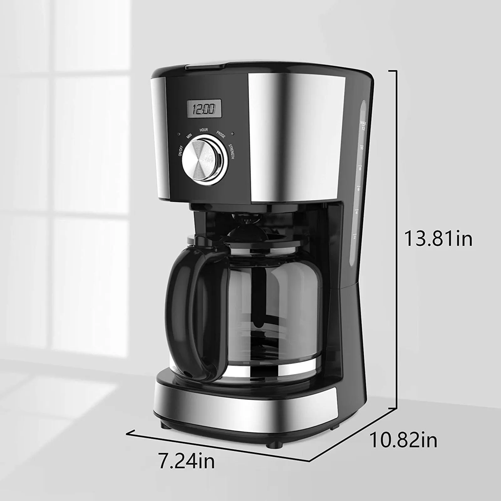 12 Cups Coffee Maker with Reusable Filter, Programmable Drip Multiple Brew Strength