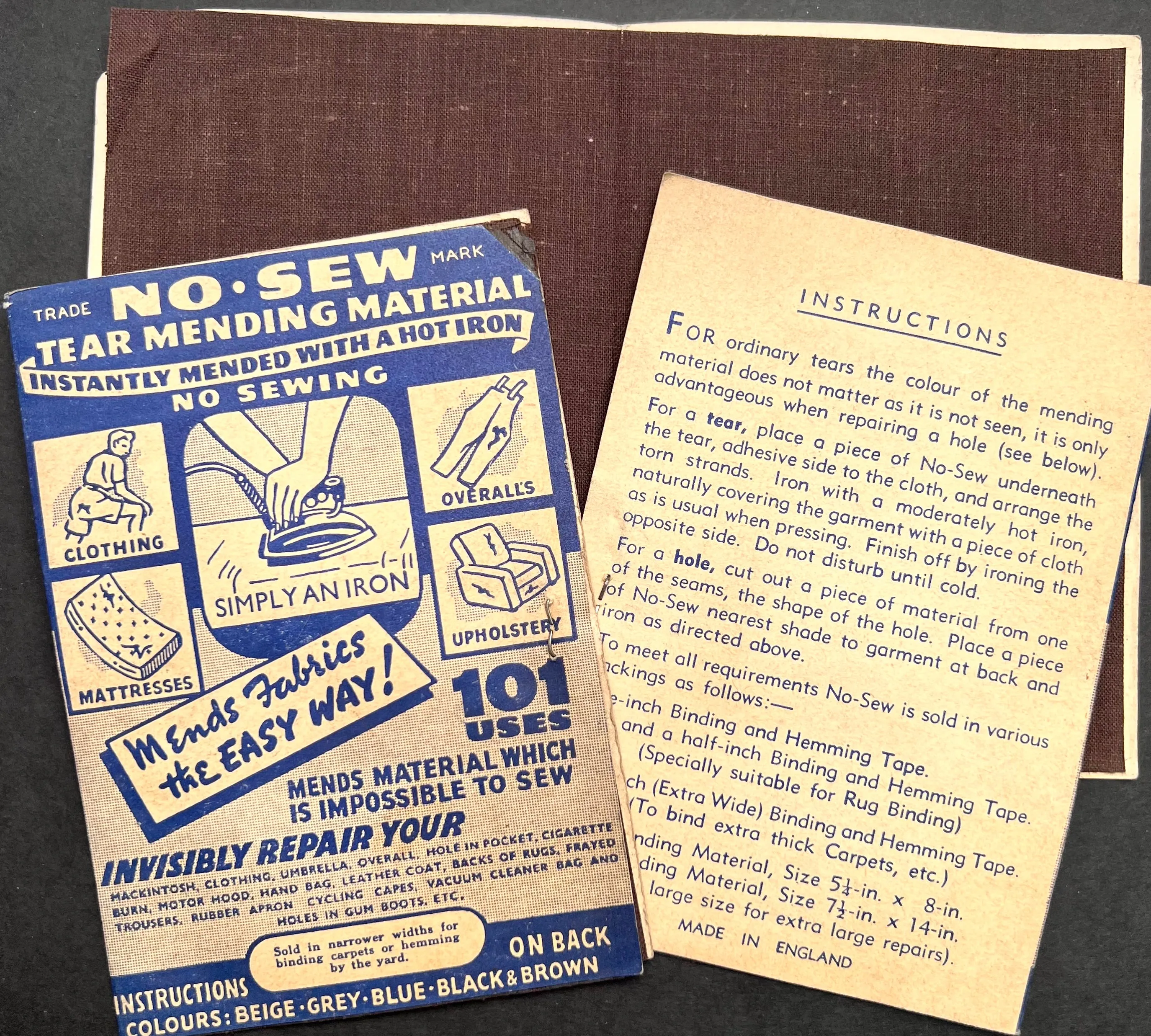 1940s NO SEW TEAR MENDING MATERIAL - 3 Colours - With Instructions !