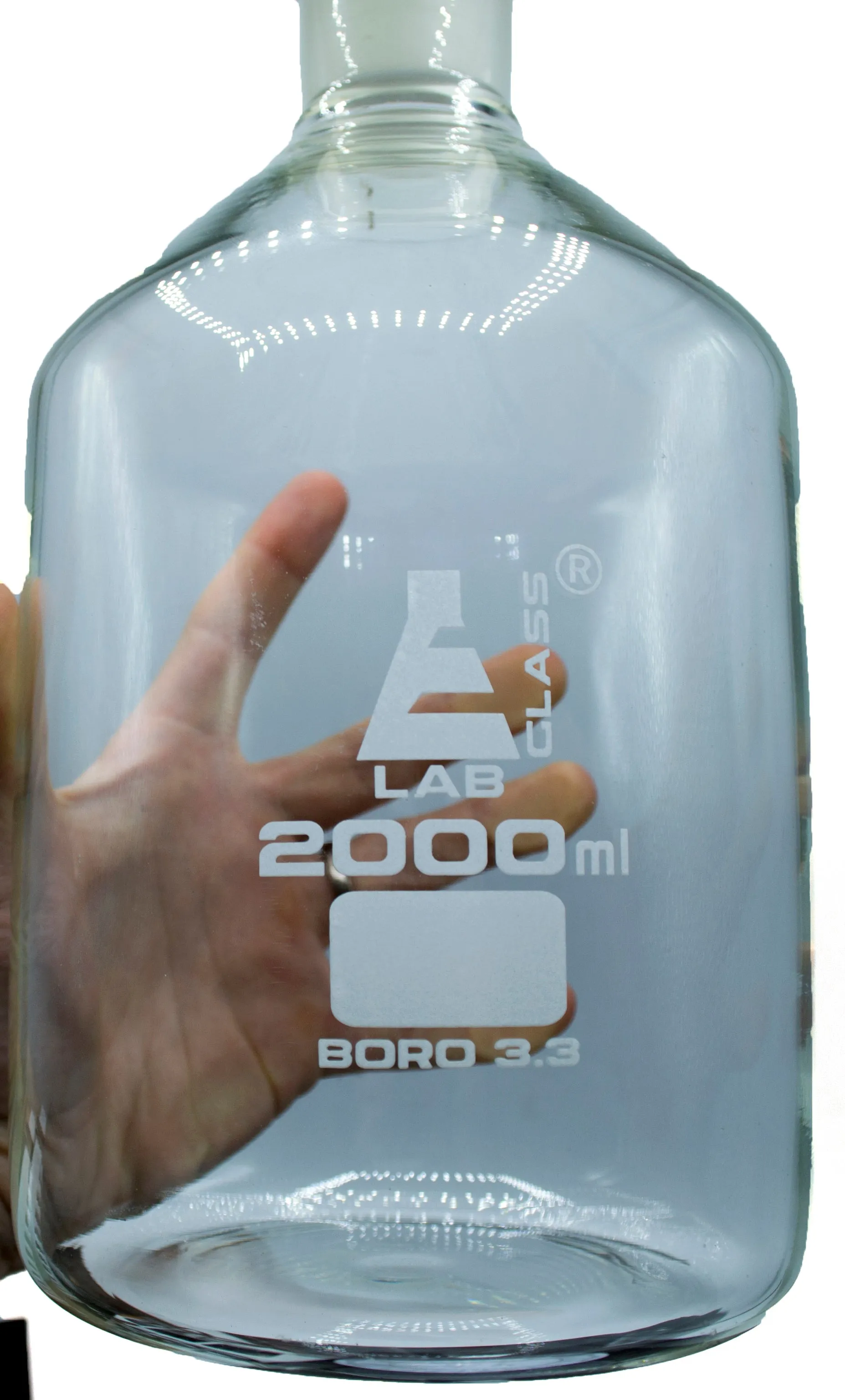 2000mL (67.6oz) Glass Reagent Bottle with Acid Proof Polypropylene Stopper, Borosilicate 3.3 Glass - Eisco Labs