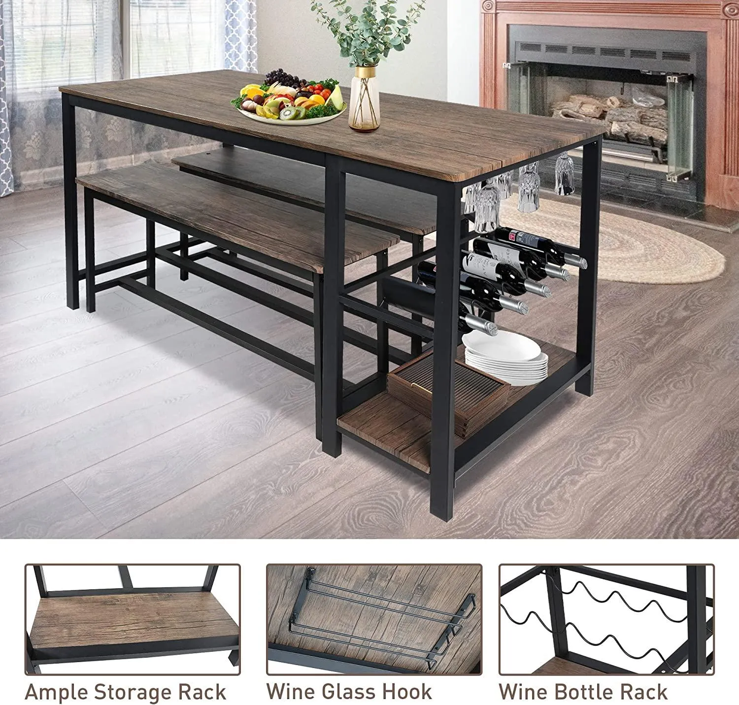 3 Piece Kitchen Table Set with Bench Dining Table Set for 4 Kitchen Dining Room Small Spaces Compact w/Storage Shelf Rack, Wine Rack