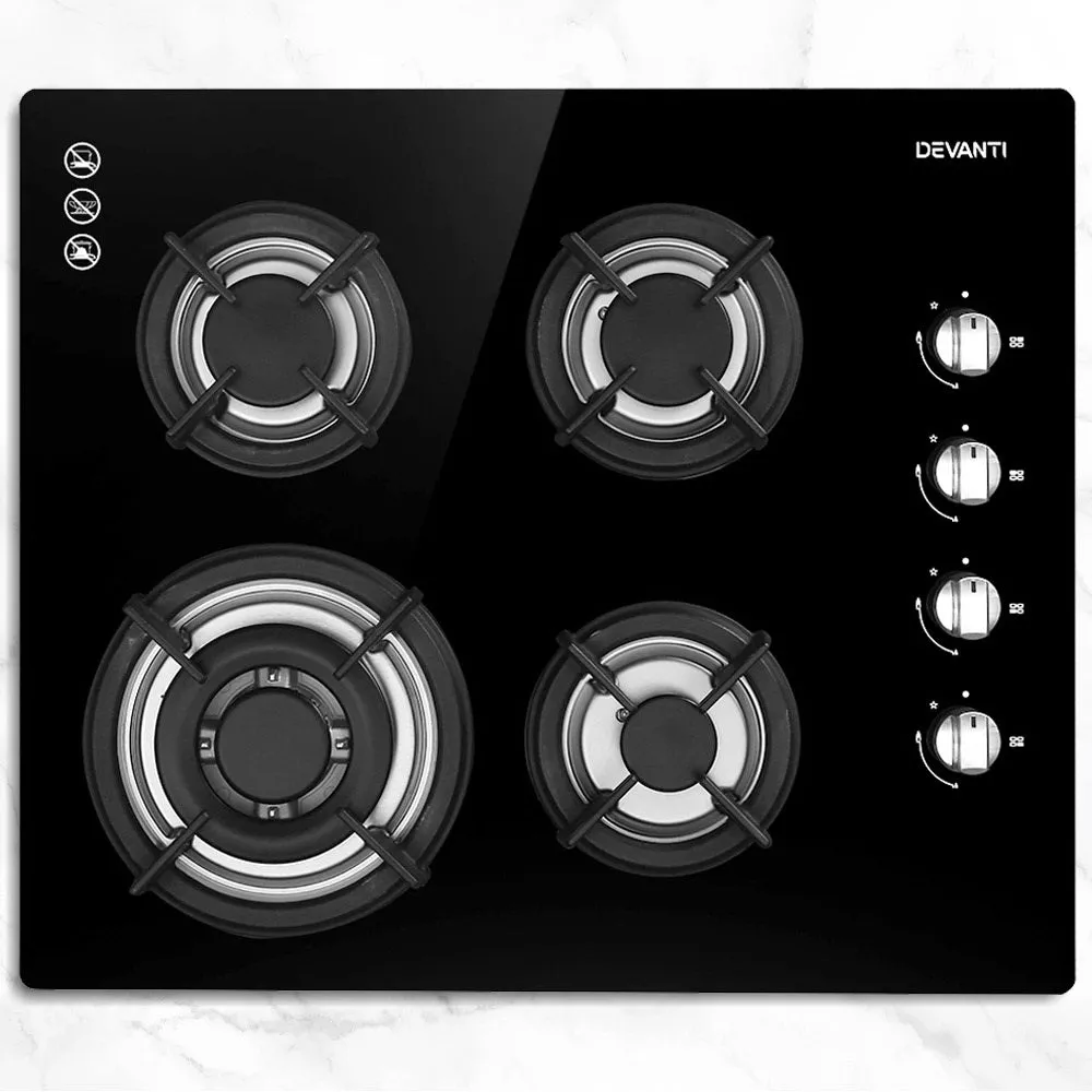 4 Burner Gas Cooktop, Tempered Glass, Cast Iron Grates - Devanti