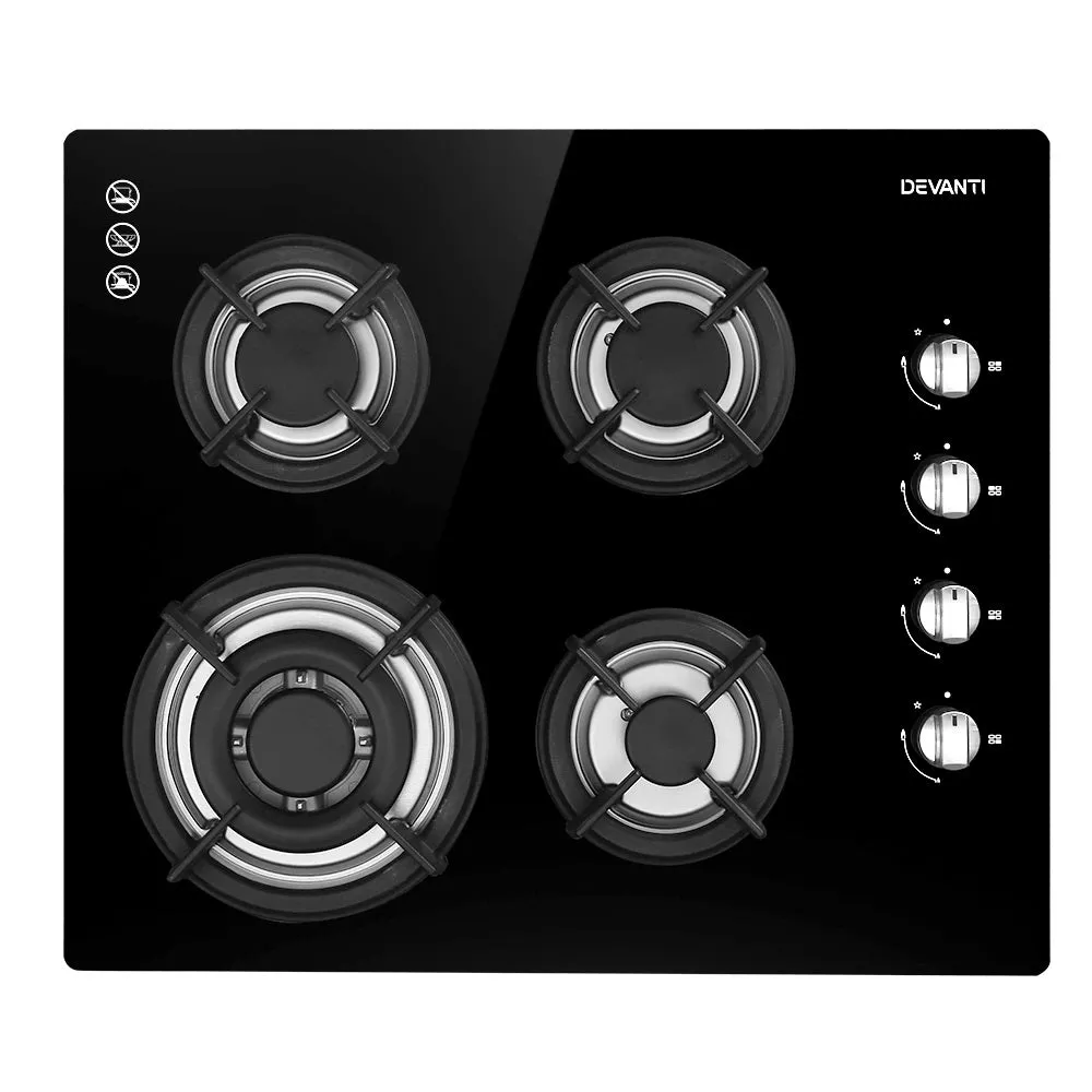 4 Burner Gas Cooktop, Tempered Glass, Cast Iron Grates - Devanti