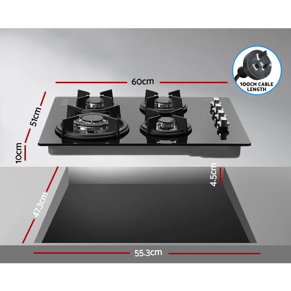 4 Burner Gas Cooktop, Tempered Glass, Cast Iron Grates - Devanti