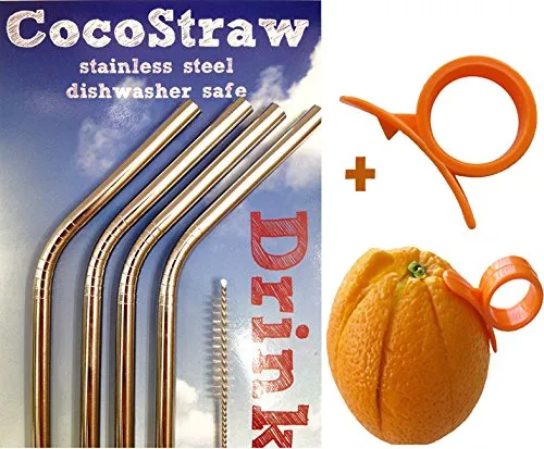 4 Stainless Steel Straws   FREE Cleaning Brush & Citrus Peeler -- FUN! Handy, Elegant, Metal, Washable, SAFE, NON-TOXIC non-plastic or glass - UNbreakable! CocoStraw Brand Drinking Drink Straw