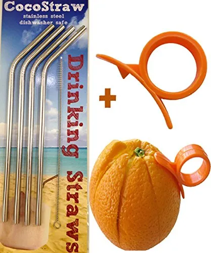 4 Stainless Steel Straws   FREE Cleaning Brush & Citrus Peeler -- FUN! Handy, Elegant, Metal, Washable, SAFE, NON-TOXIC non-plastic or glass - UNbreakable! CocoStraw Brand Drinking Drink Straw