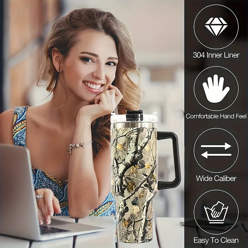 40oz Foliage and Branch Design Stainless Steel Water Tumbler - Perfect for Outdoor Camping, Driving, and Hiking - Includes Car Mug with Handle and Lid