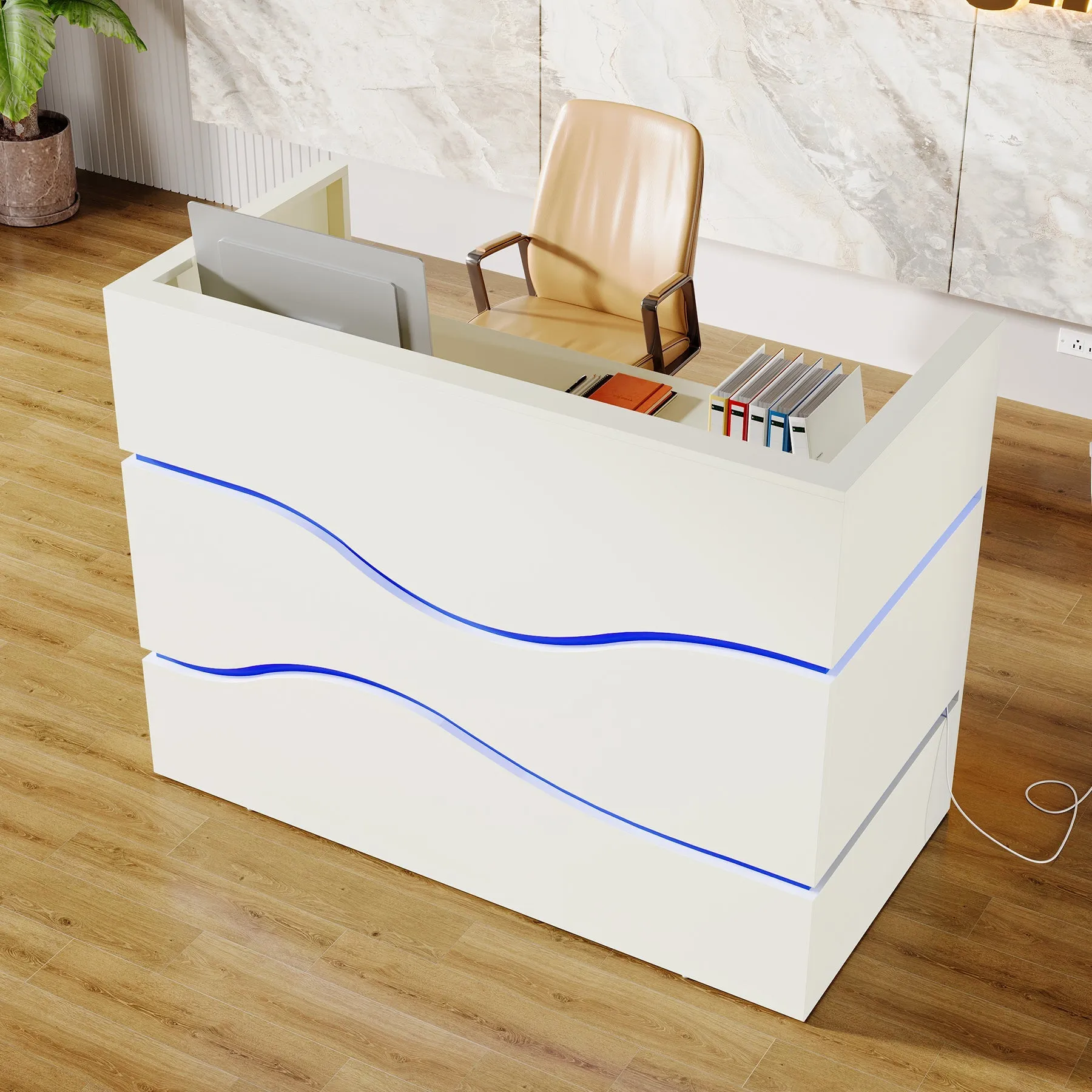 55.1" Reception Desk, Modern Front Desk Reception Counter with LED Lights