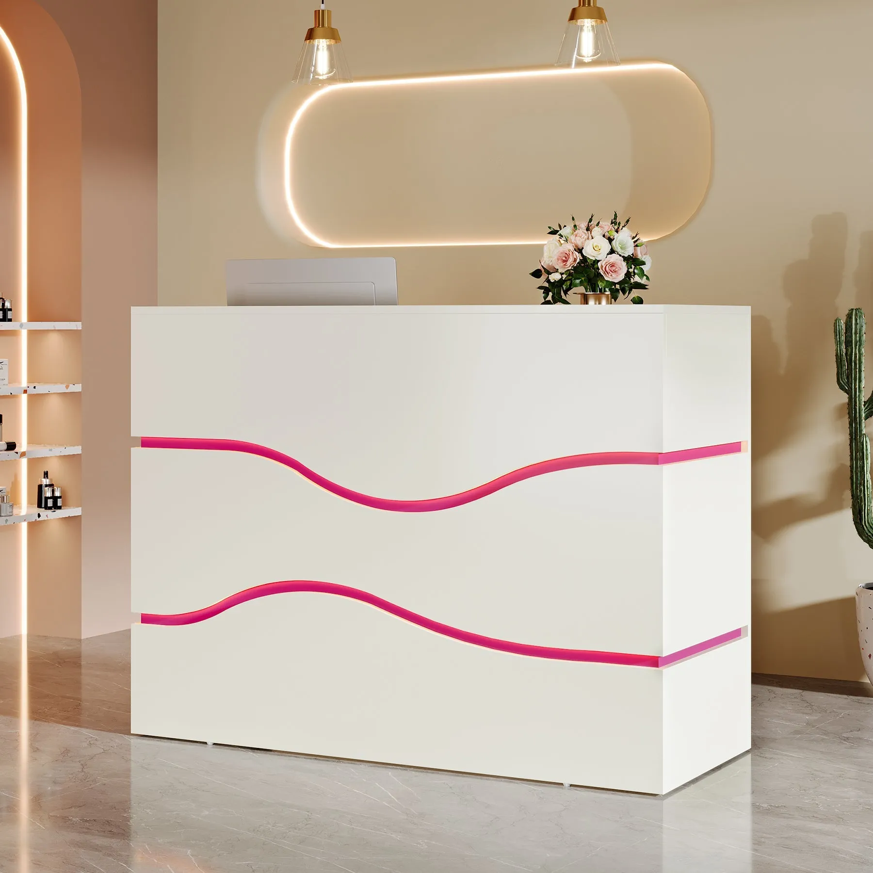 55.1" Reception Desk, Modern Front Desk Reception Counter with LED Lights