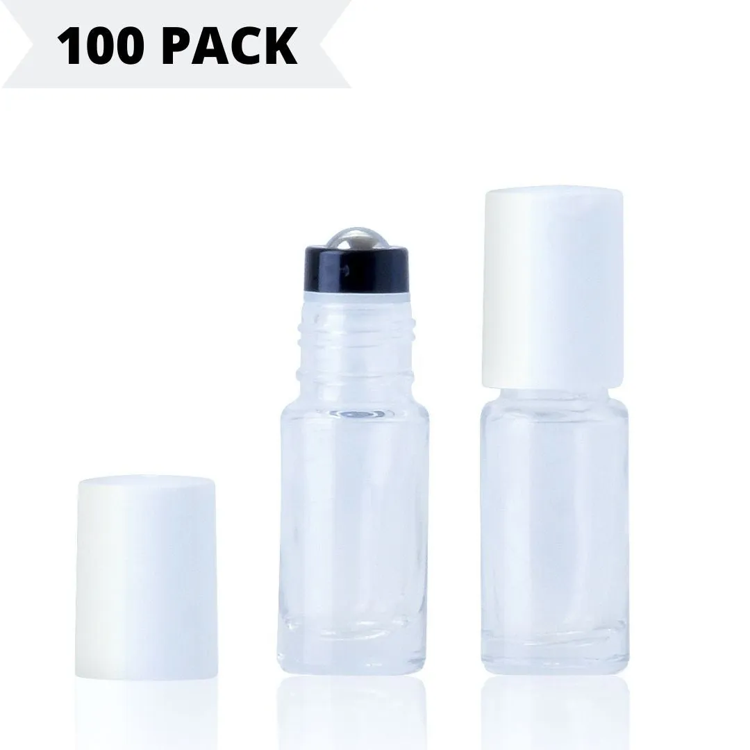 5ml Clear Glass Roller Bottle with White Lid **100 Pack**