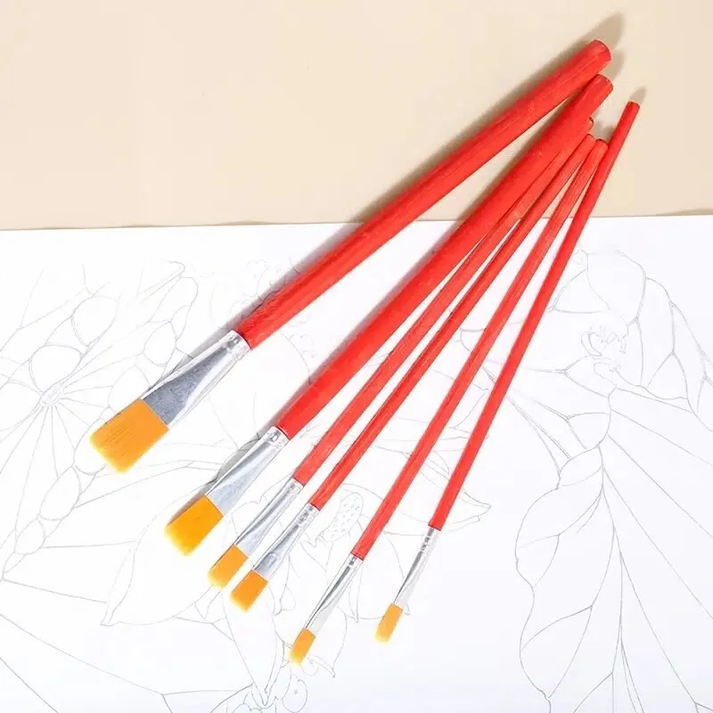 6pcs Red Wood Handle Brushes Oil Painting Brushes Watercolor Brushes Stationery For Art Students