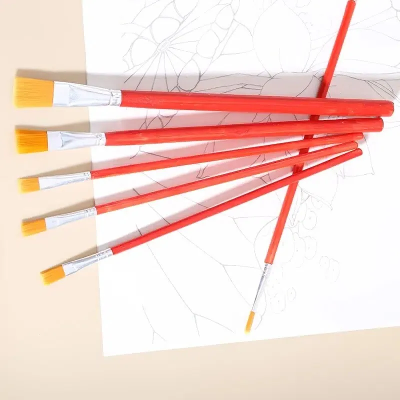 6pcs Red Wood Handle Brushes Oil Painting Brushes Watercolor Brushes Stationery For Art Students