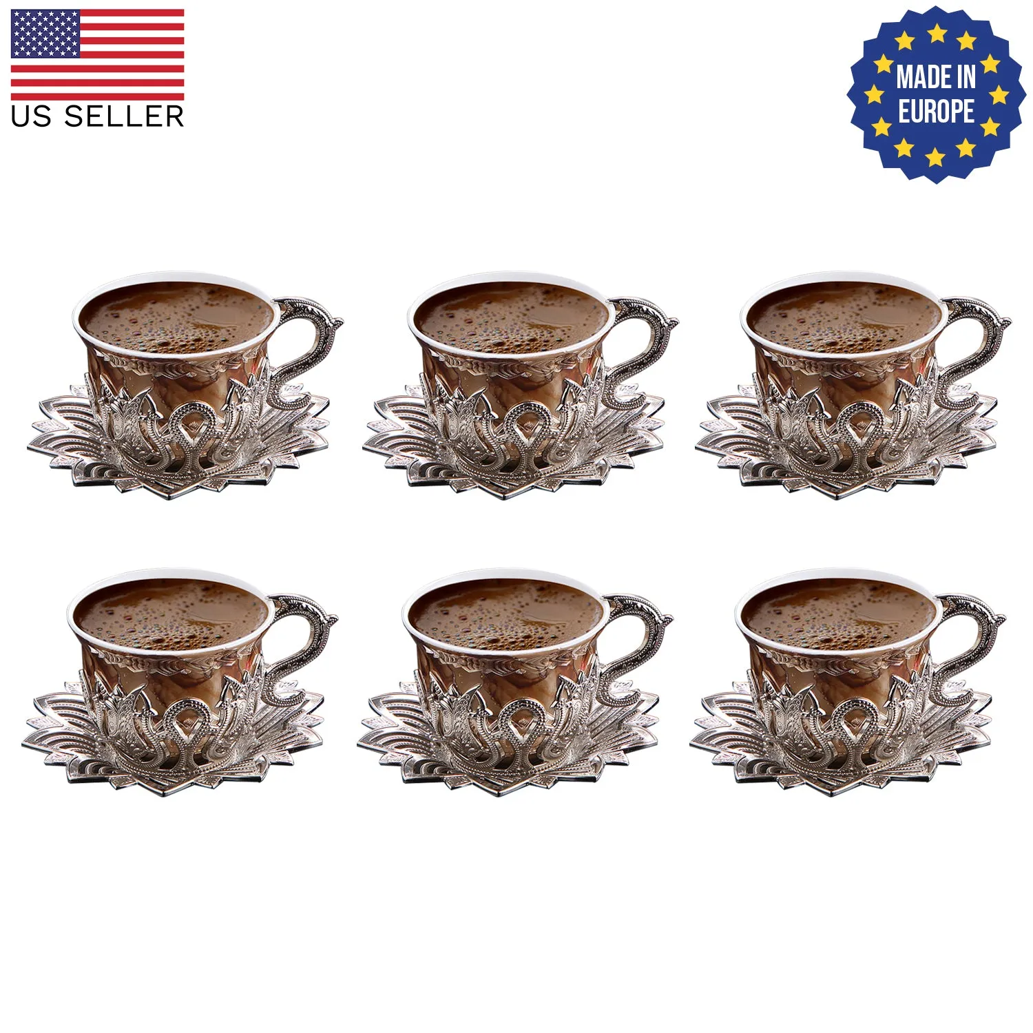 Ahsen Brown Coffee Cup Set with Metal Saucers and Holders, 2.5 Oz