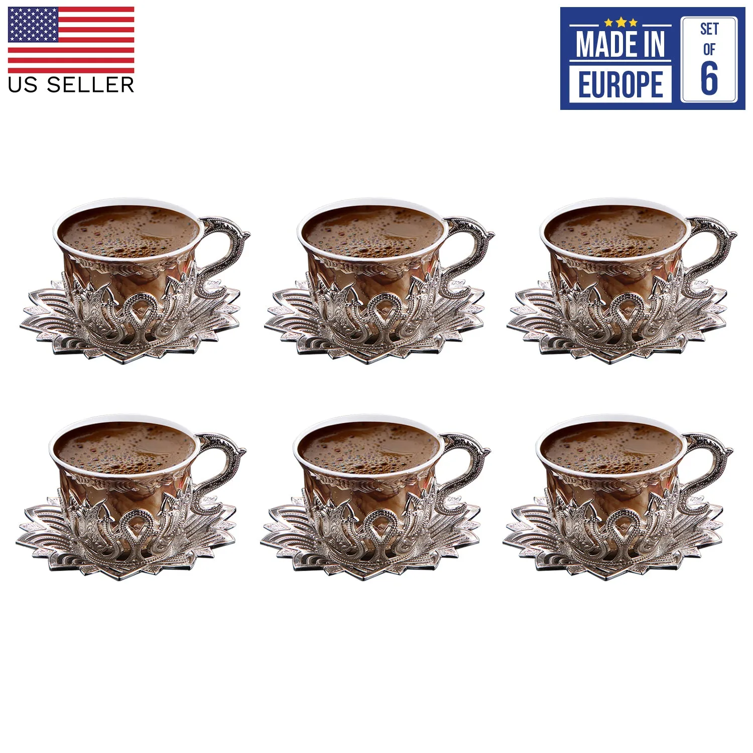 Ahsen Brown Coffee Cup Set with Metal Saucers and Holders, 2.5 Oz