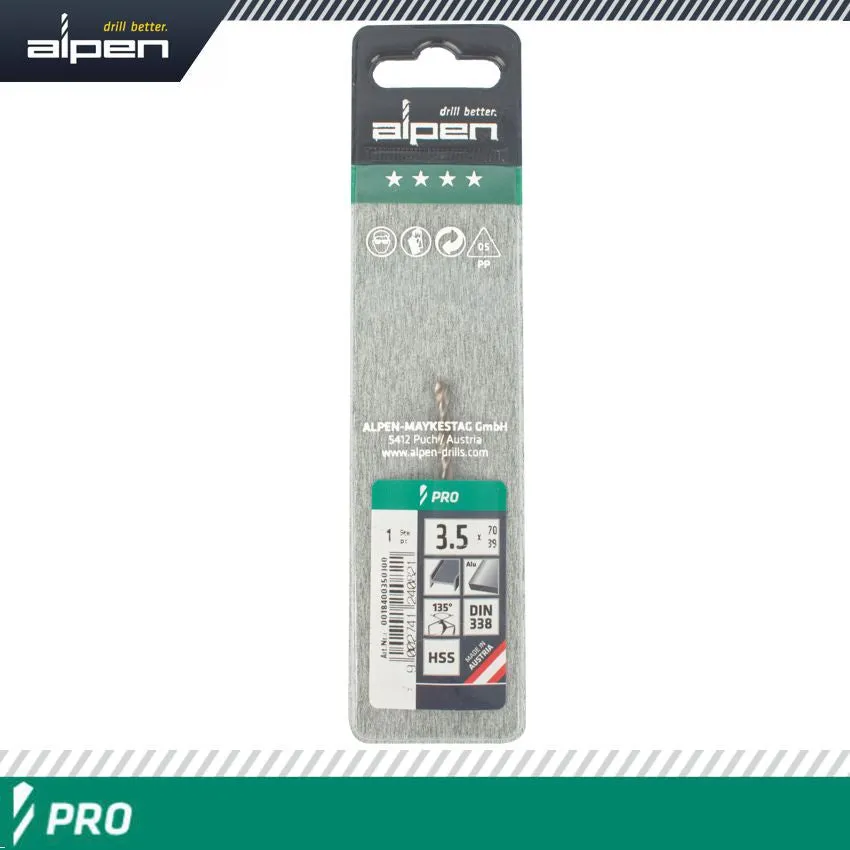 ALPEN ALPEN PRO HSS 3.5MM DRILL DIN 338 RN 135 SPLIT POINT PLASTIC WALLET  ( ALP1840035