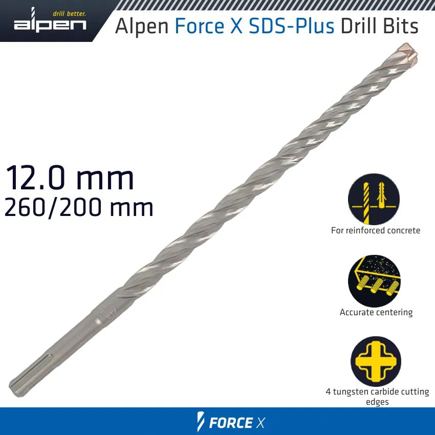 ALPEN FORCE X 12.0 x 260/200  SDS-PLUS DRILL BIT X4 CUTTING EDGES - BULK ALP765012