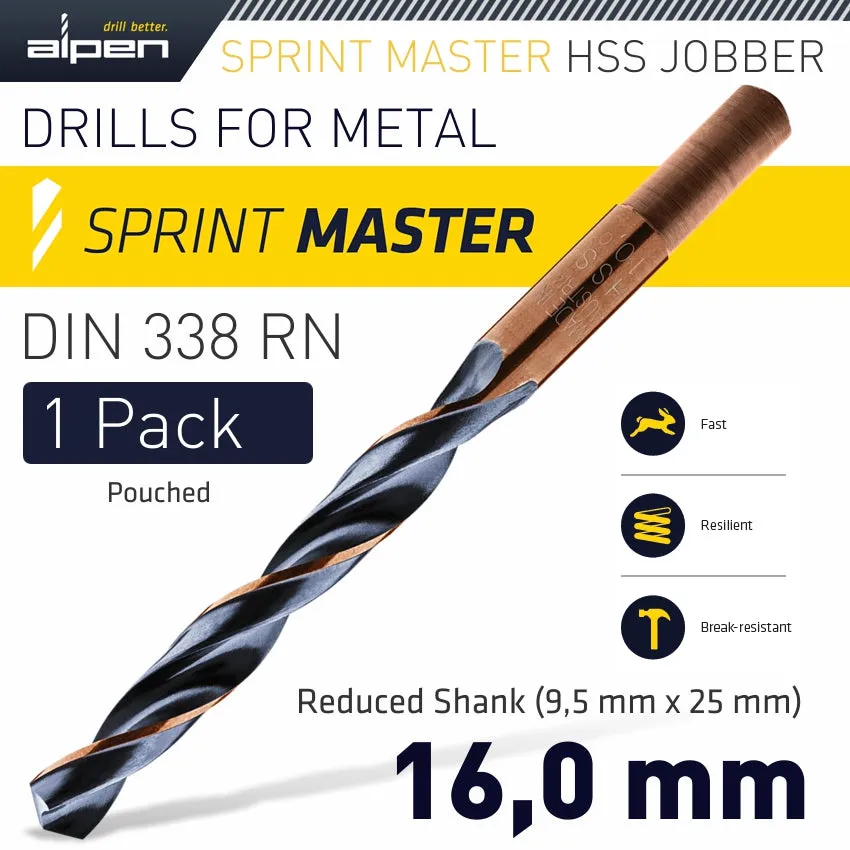 ALPEN HSS SPRINT MASTER 16.0MM RED SHANK 9.5MM X1 SLEEVED DIN338 ALPEN DRILL ALP6400160