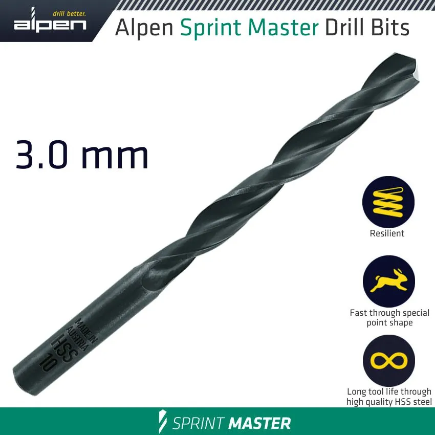 ALPEN HSS SPRINT MASTER 3MM X1 61503 SLEEVED DIN338 ALPEN DRILL BIT ALP61403-1