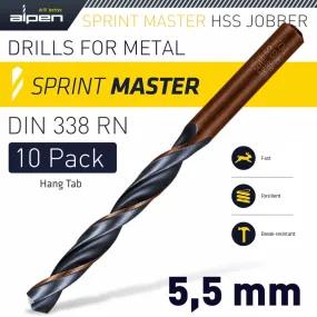 ALPEN HSS SPRINT MASTER 5.5MM 10-PACK HANG TAG DIN 338 ALPEN DRILL BITS ALP6310055