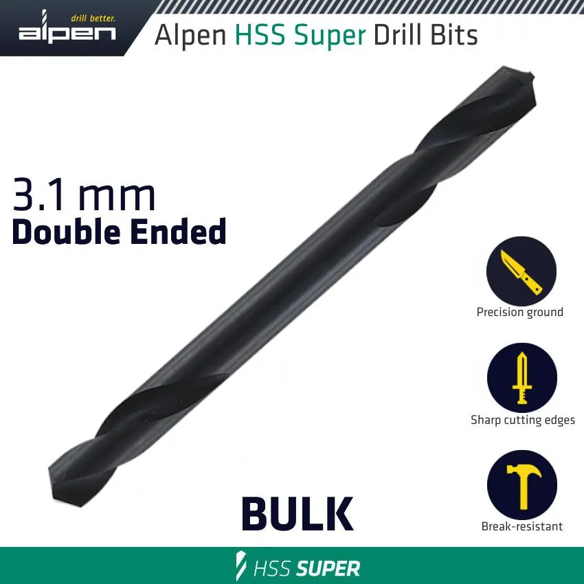 ALPEN HSS SUPER DRILL BIT DOUBLE ENDED 3.1MM BULK ALP321031