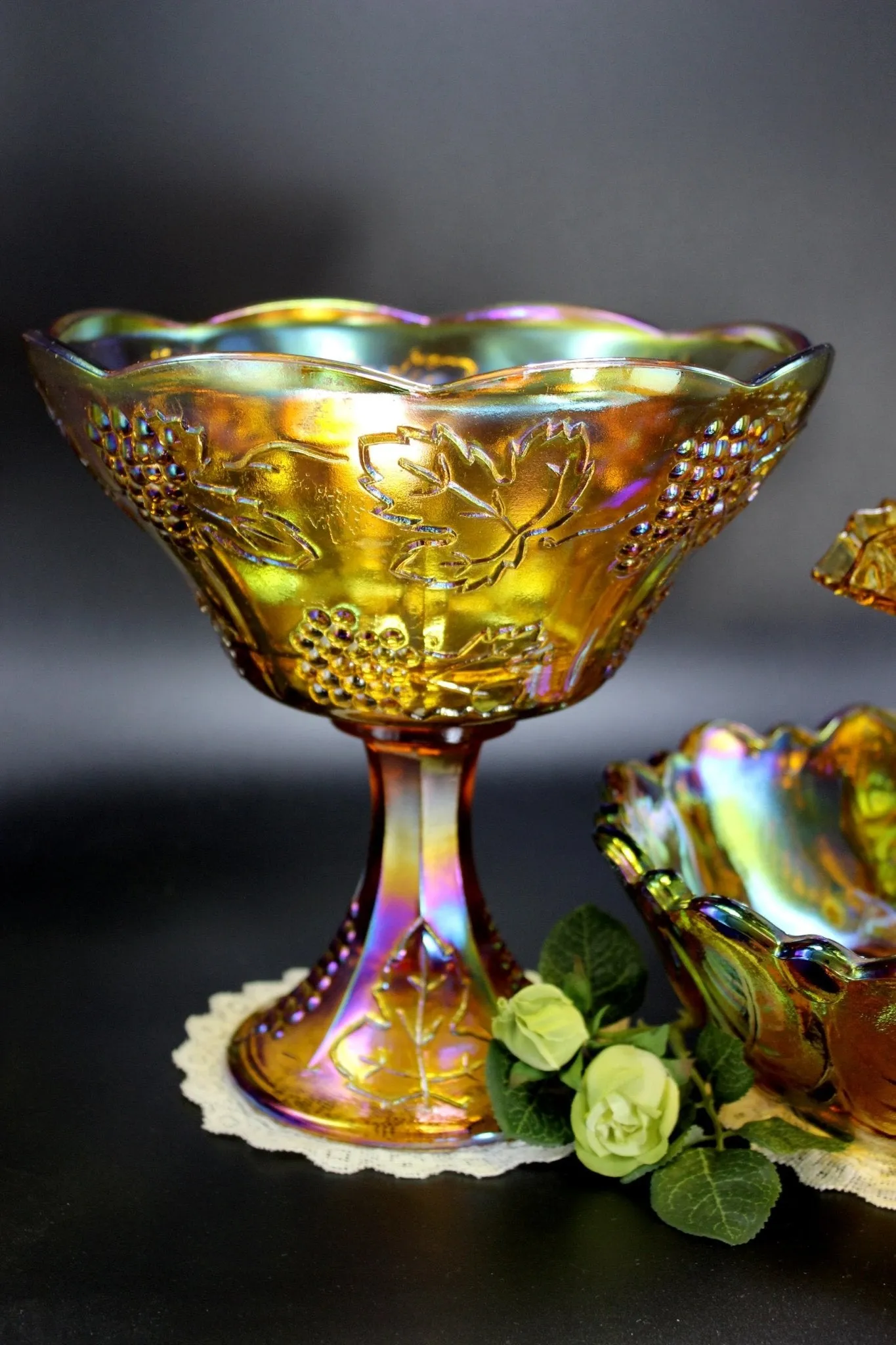 Amber Carnival Glass Lot, Compotes and Serving Bowl, Indiana Glass Serving Dishes 11227