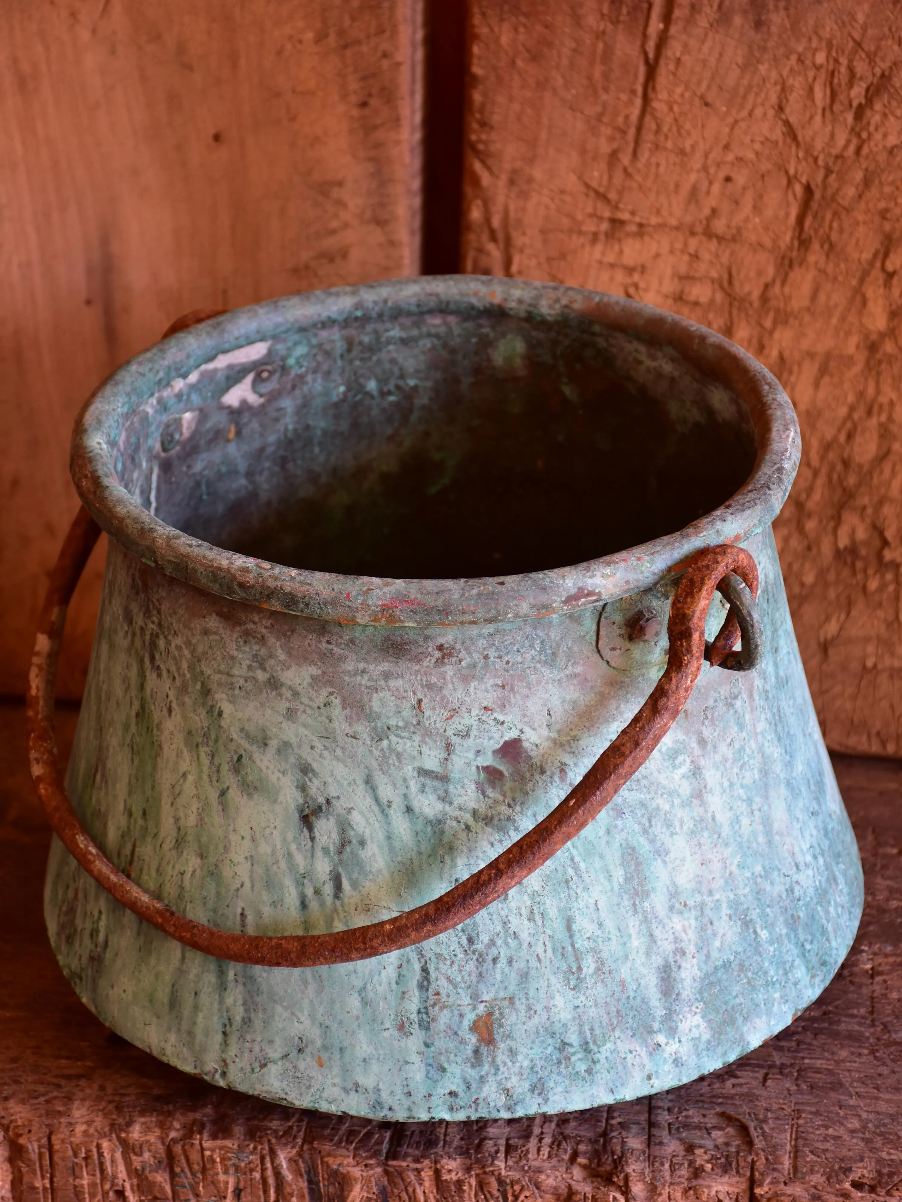 Antique French copper saucepans with blue patina - large