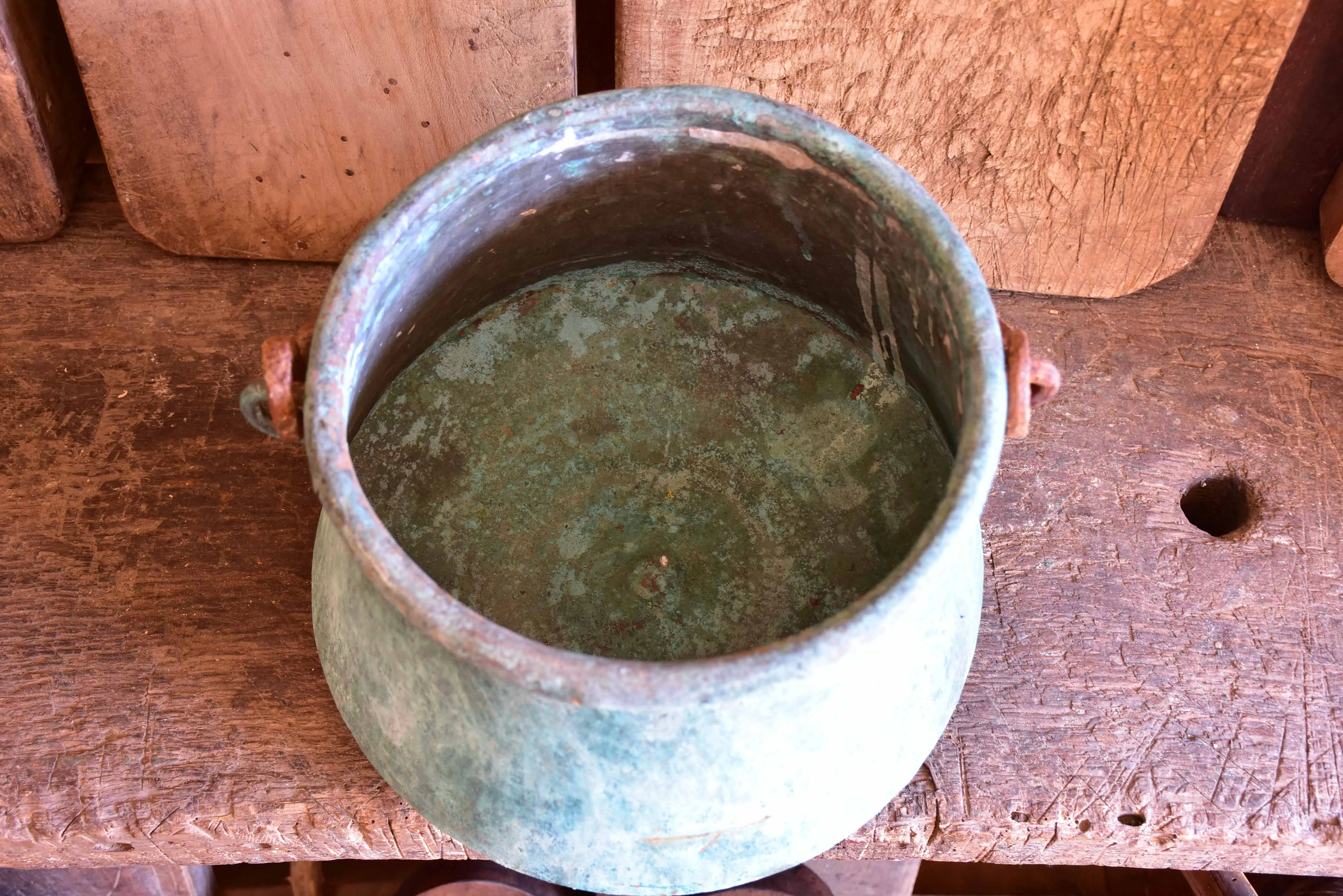 Antique French copper saucepans with blue patina - large