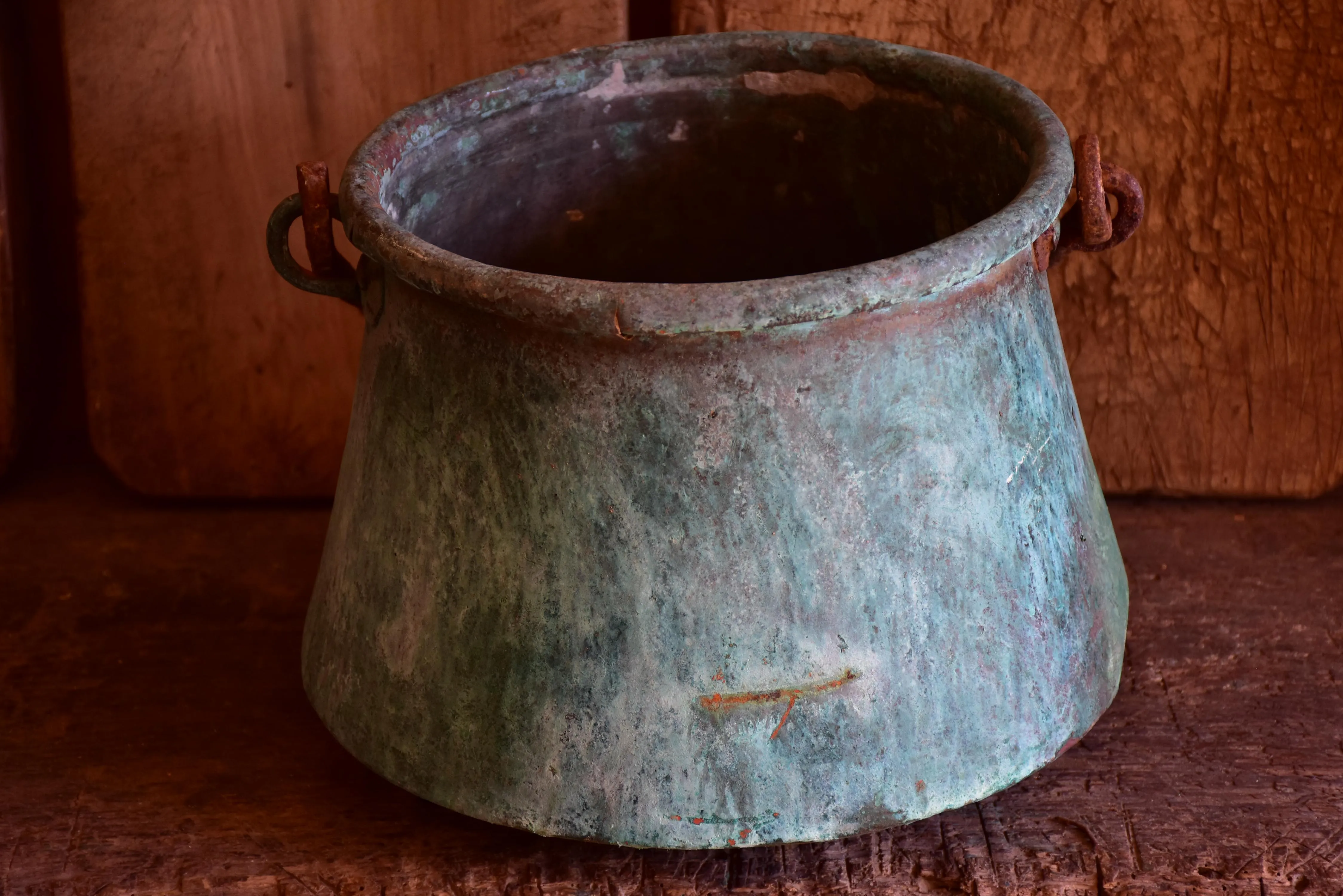 Antique French copper saucepans with blue patina - large