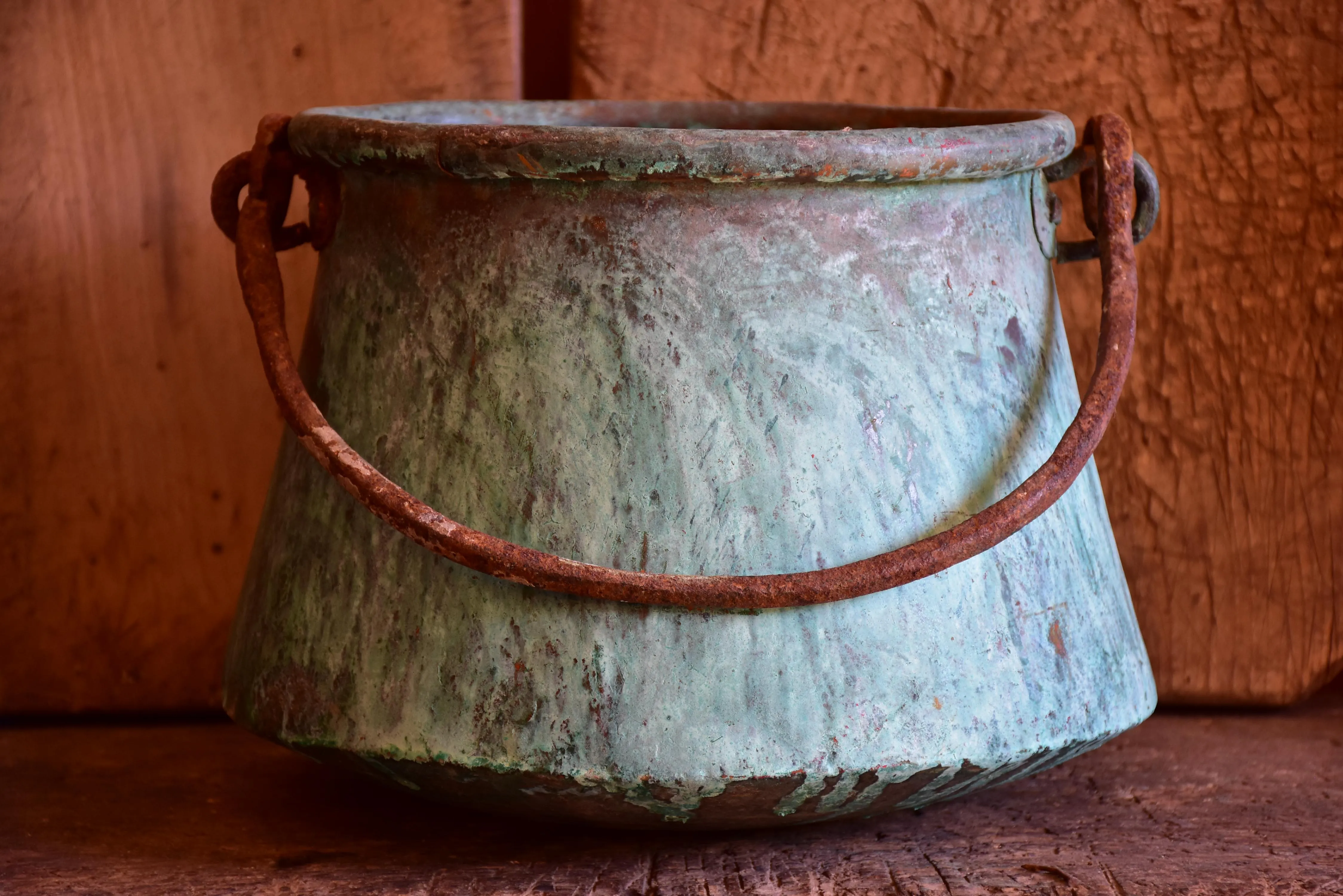 Antique French copper saucepans with blue patina - large