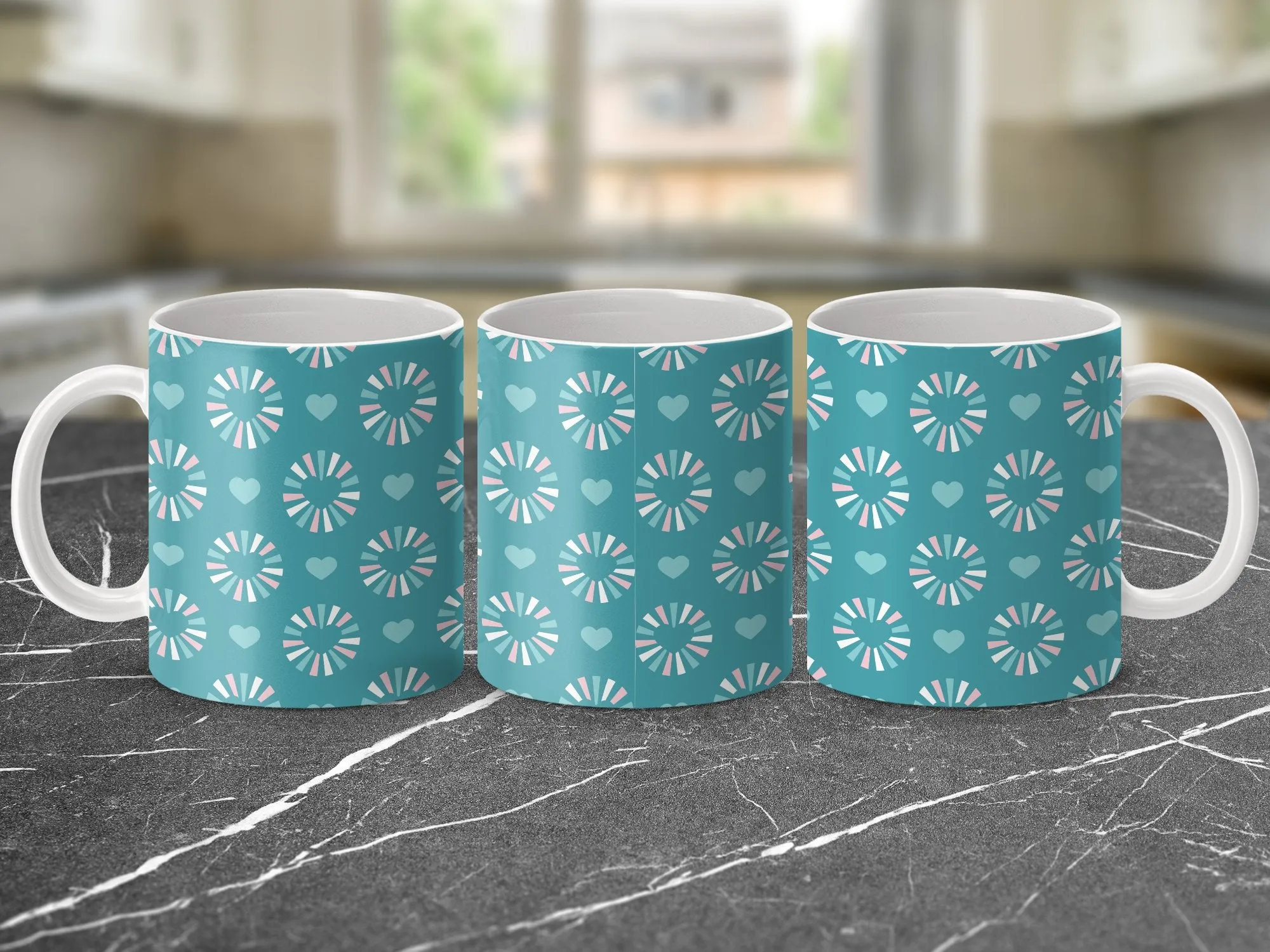 Aqua Heart Pattern Mug, Unique Love & Affection Design, Trendy Coffee Cup, Gift for Loved Ones, Romantic Drinkware, Chic Home Decor