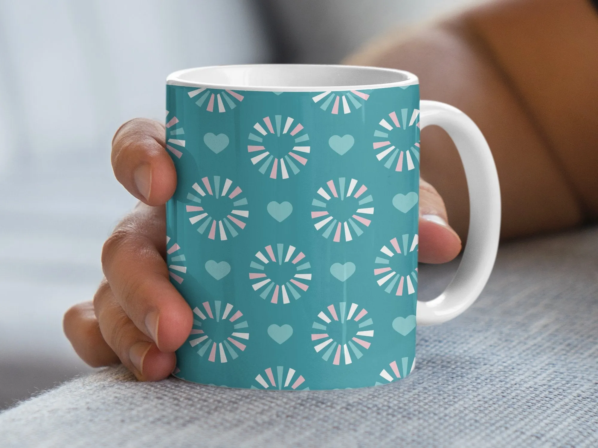 Aqua Heart Pattern Mug, Unique Love & Affection Design, Trendy Coffee Cup, Gift for Loved Ones, Romantic Drinkware, Chic Home Decor