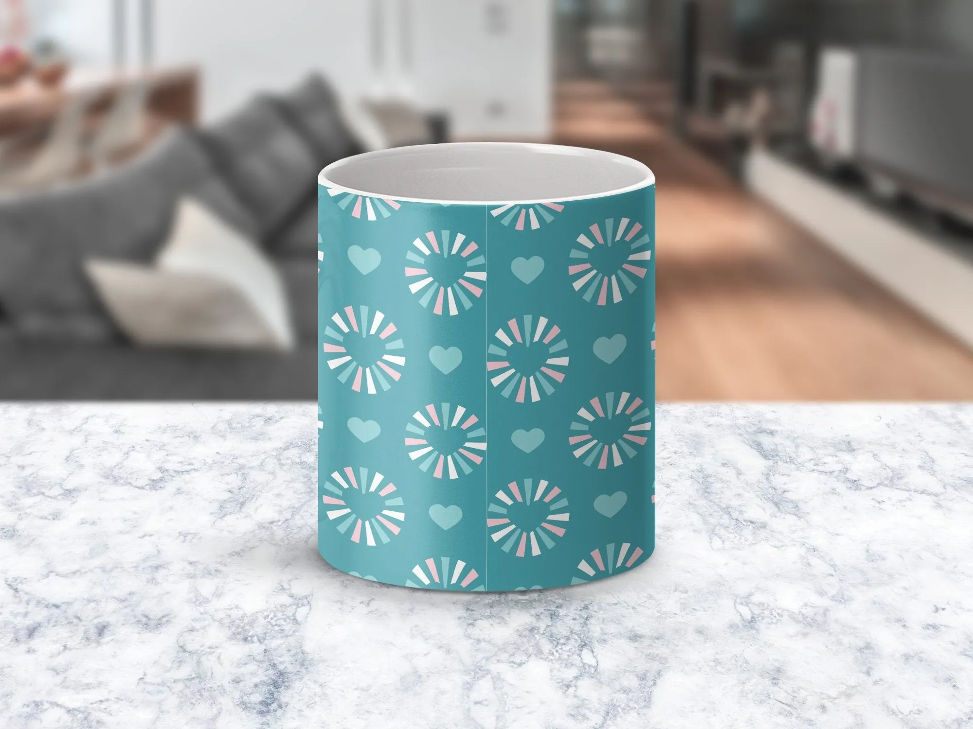 Aqua Heart Pattern Mug, Unique Love & Affection Design, Trendy Coffee Cup, Gift for Loved Ones, Romantic Drinkware, Chic Home Decor