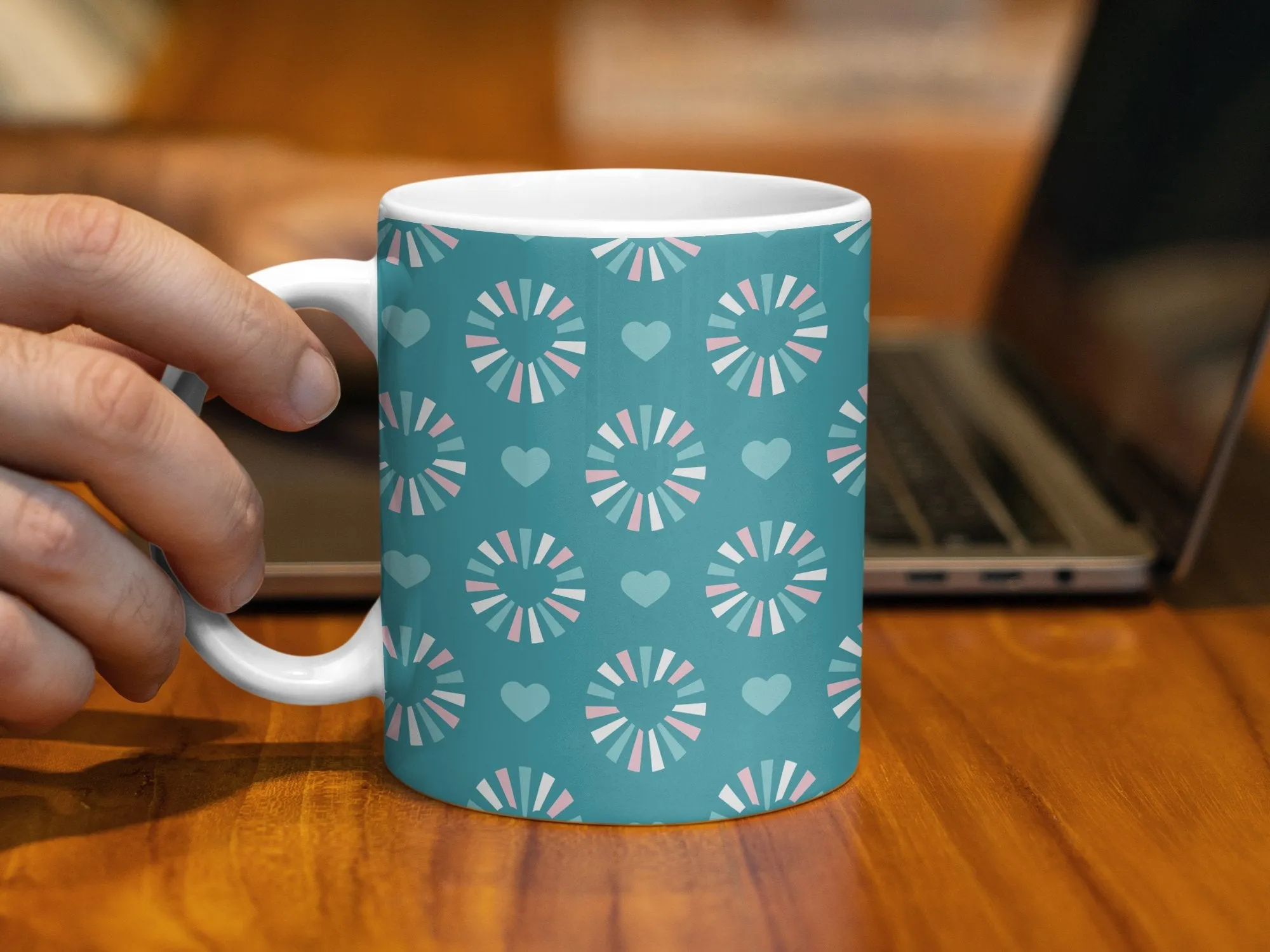 Aqua Heart Pattern Mug, Unique Love & Affection Design, Trendy Coffee Cup, Gift for Loved Ones, Romantic Drinkware, Chic Home Decor