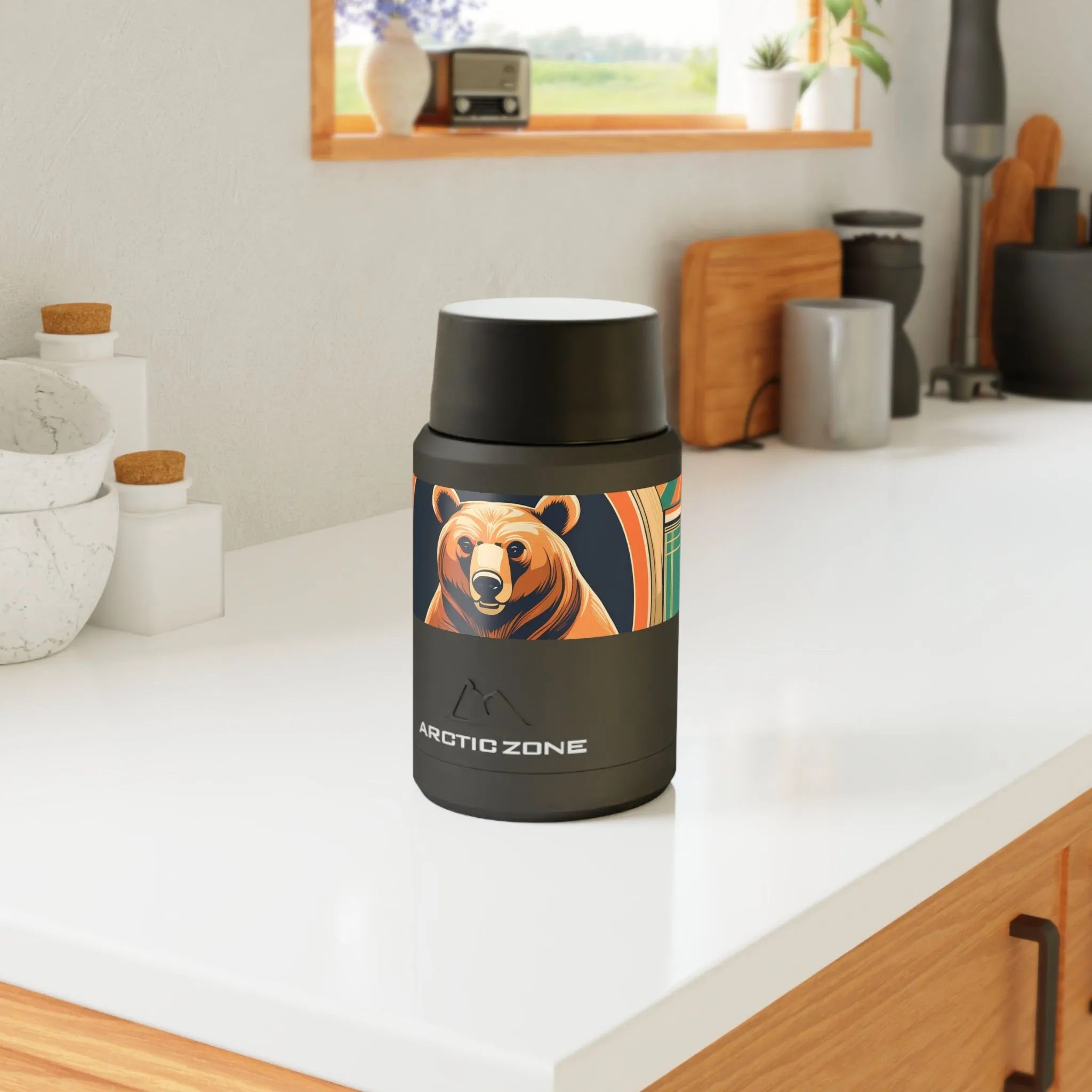 Art Deco Brown Bear, Reusable Insulated Food Storage Container with Spoon – 16.9oz