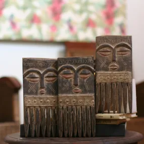 Ashanti Nyansa Hand Carved Wood Comb Sculptures - Set of 3