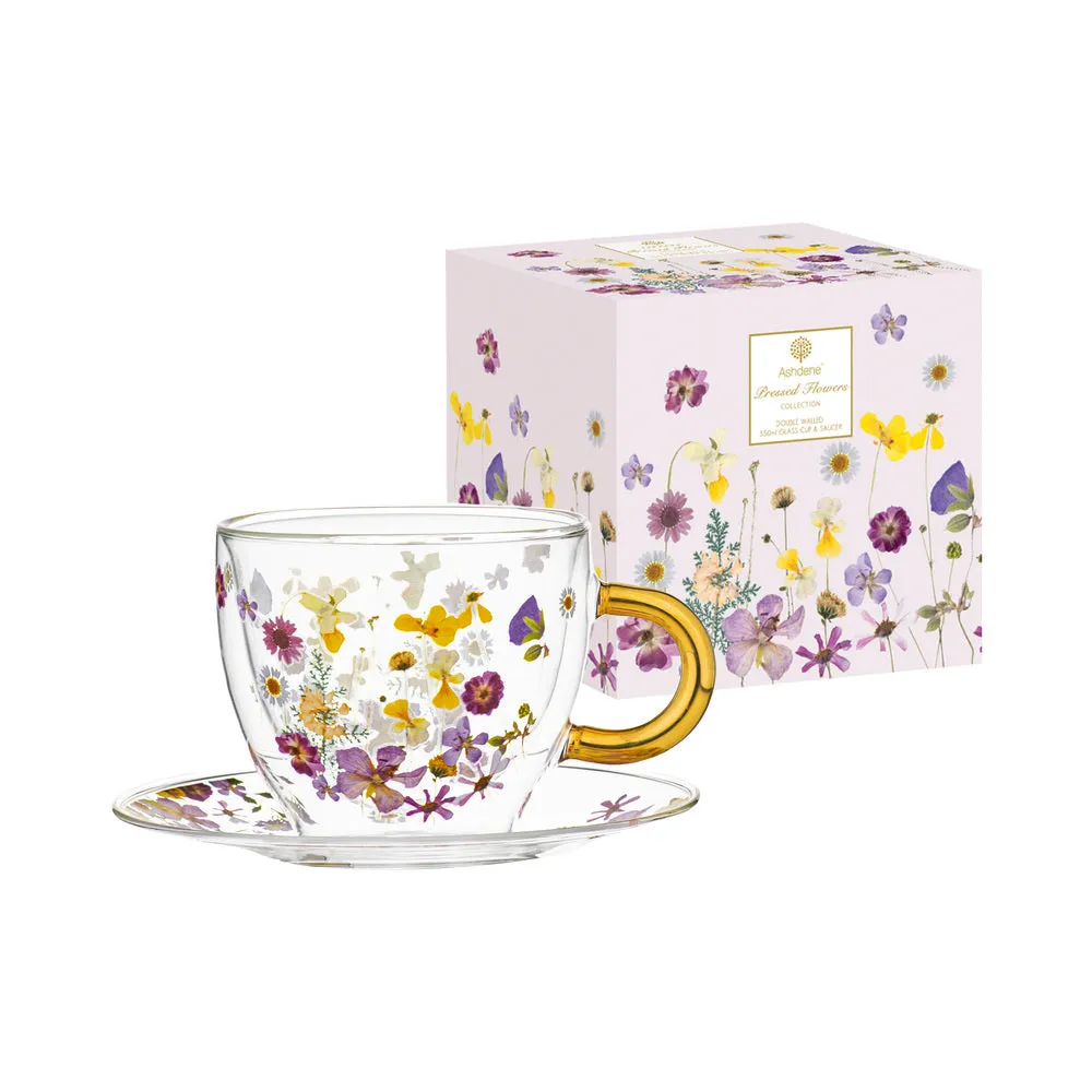 Ashdene Pressed Flowers Double Wall Glass Cup & Saucer 350ml