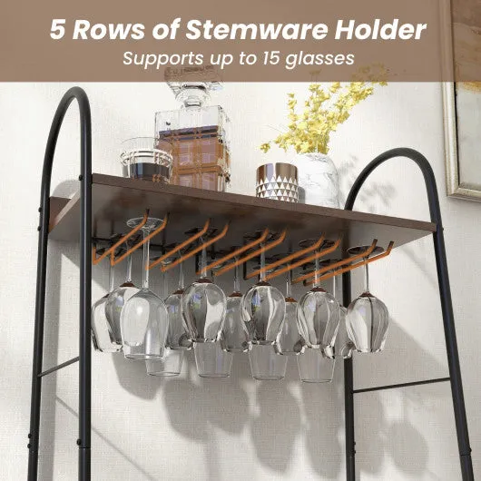 Baker's Rack with Detachable Wine Rack and 5 Rows of Stemware Holder-Rustic Brown