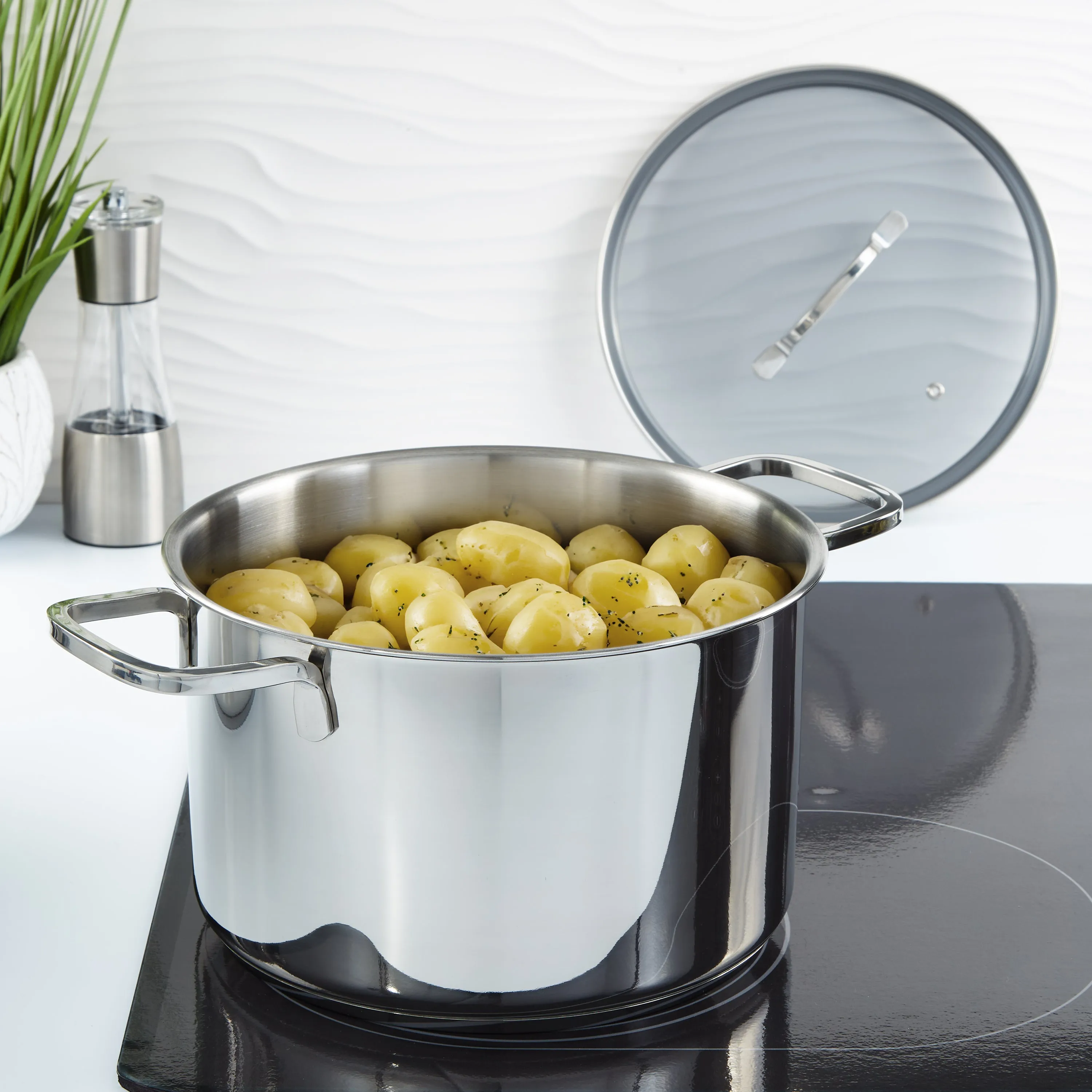 BergHOFF DiNA Helix Recycled 18/10 Stainless Steel 10" Stockpot 7qt., Glass Lid