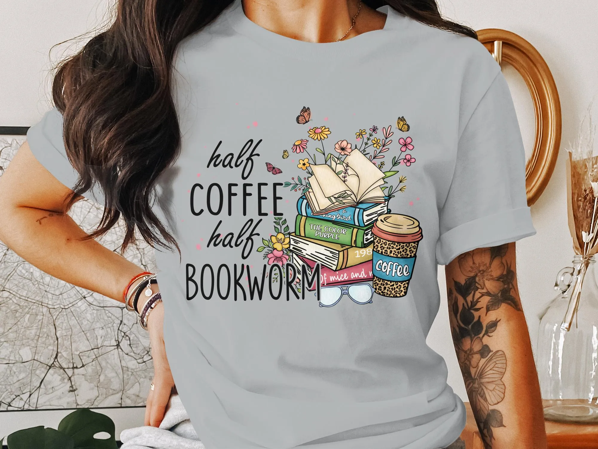 Book Lover Coffee Enthusiast T-Shirt, Half Coffee Half Bookworm Graphic Tee, Reading and Cafe Unisex Shirt, Gift for Readers and Writers