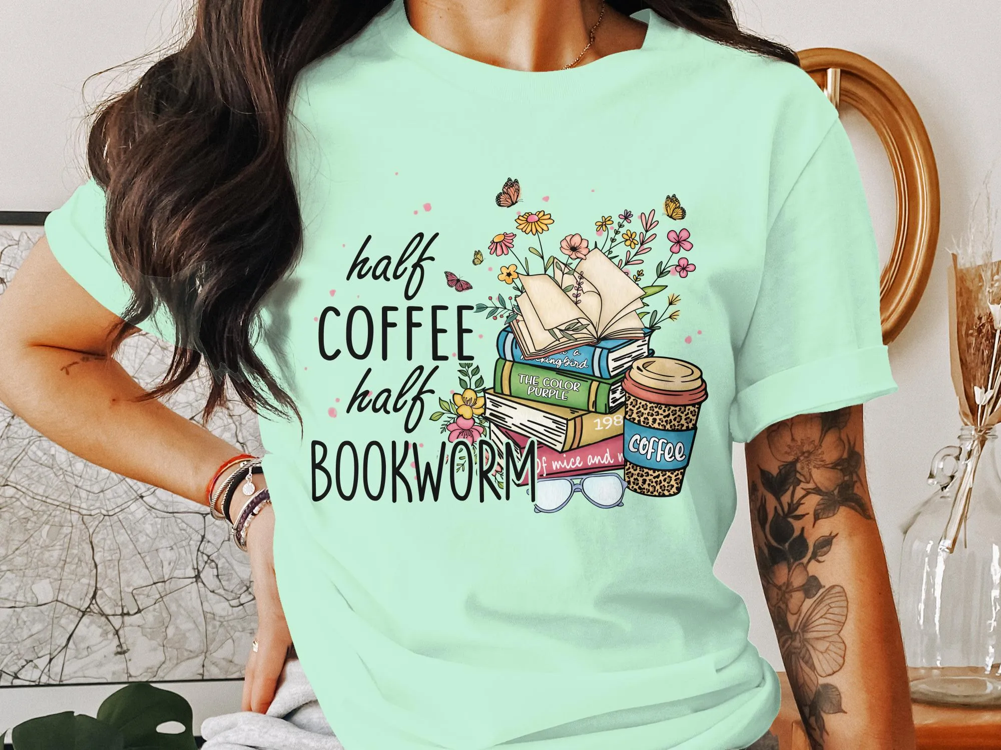 Book Lover Coffee Enthusiast T-Shirt, Half Coffee Half Bookworm Graphic Tee, Reading and Cafe Unisex Shirt, Gift for Readers and Writers