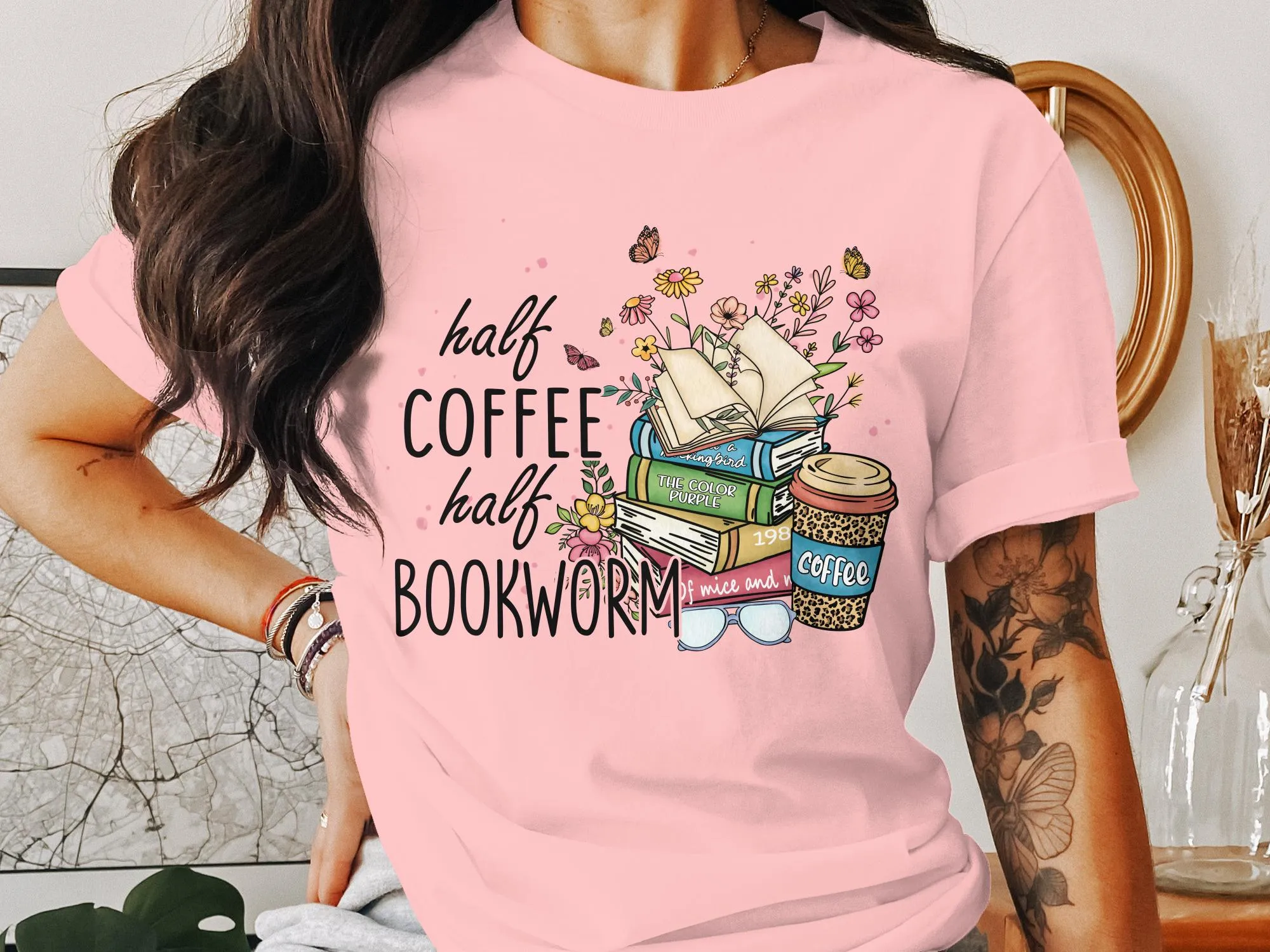 Book Lover Coffee Enthusiast T-Shirt, Half Coffee Half Bookworm Graphic Tee, Reading and Cafe Unisex Shirt, Gift for Readers and Writers