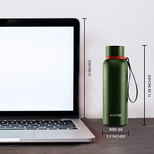 Borosil Hydra Trek 850 ml Stainless Steel Water Bottle | Double Wall Vacuum Insulated Flask, Green | 20 Hours Hot & 24 Hours Cold | Ideal for Personal & Corporate Gifting | 1 Year Warranty