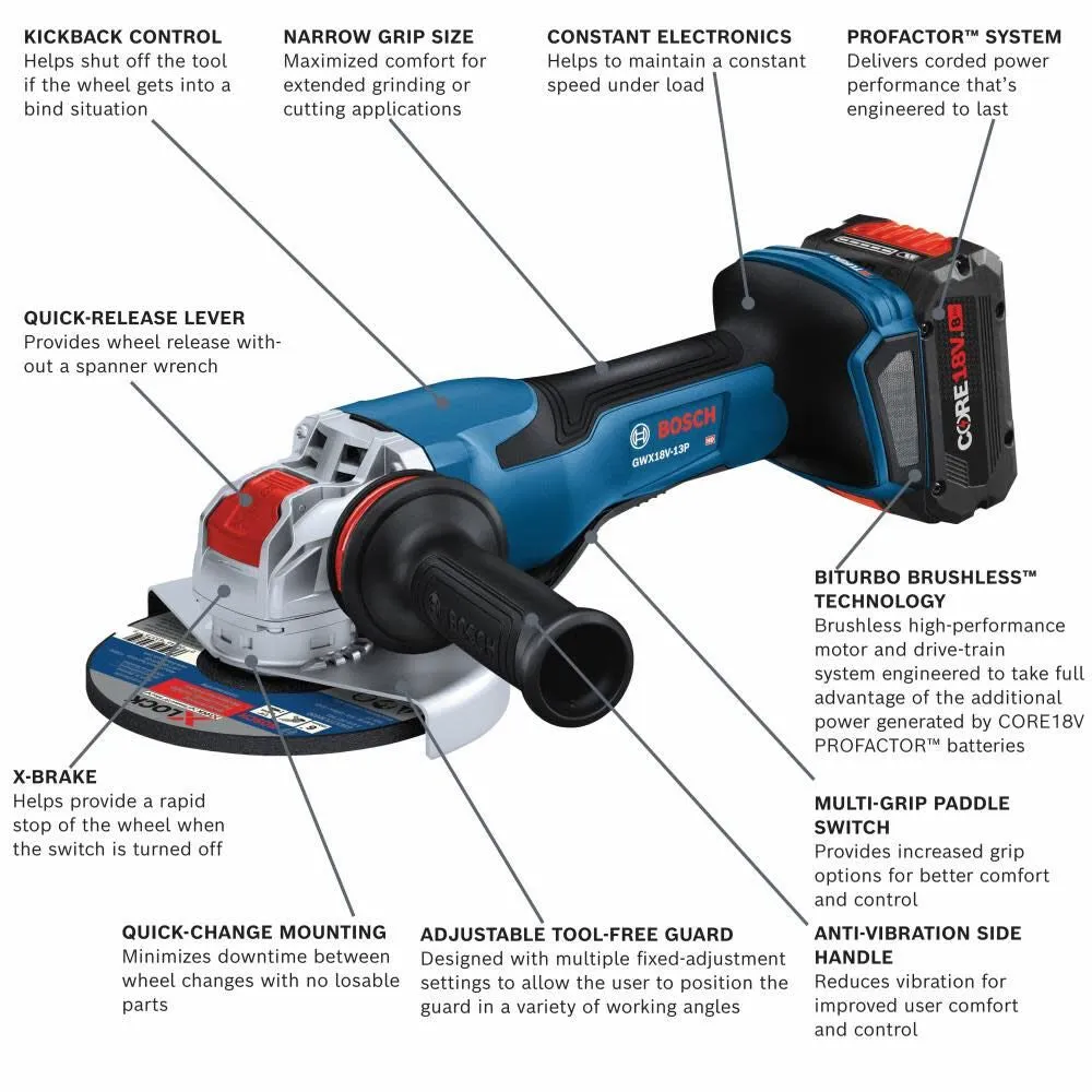 Bosch GWX18V-13PB14 PROFACTOR 18V X-LOCK 5 – 6 In. Angle Grinder with Paddle Switch and (1) CORE18V 8.0 Ah High Power Battery