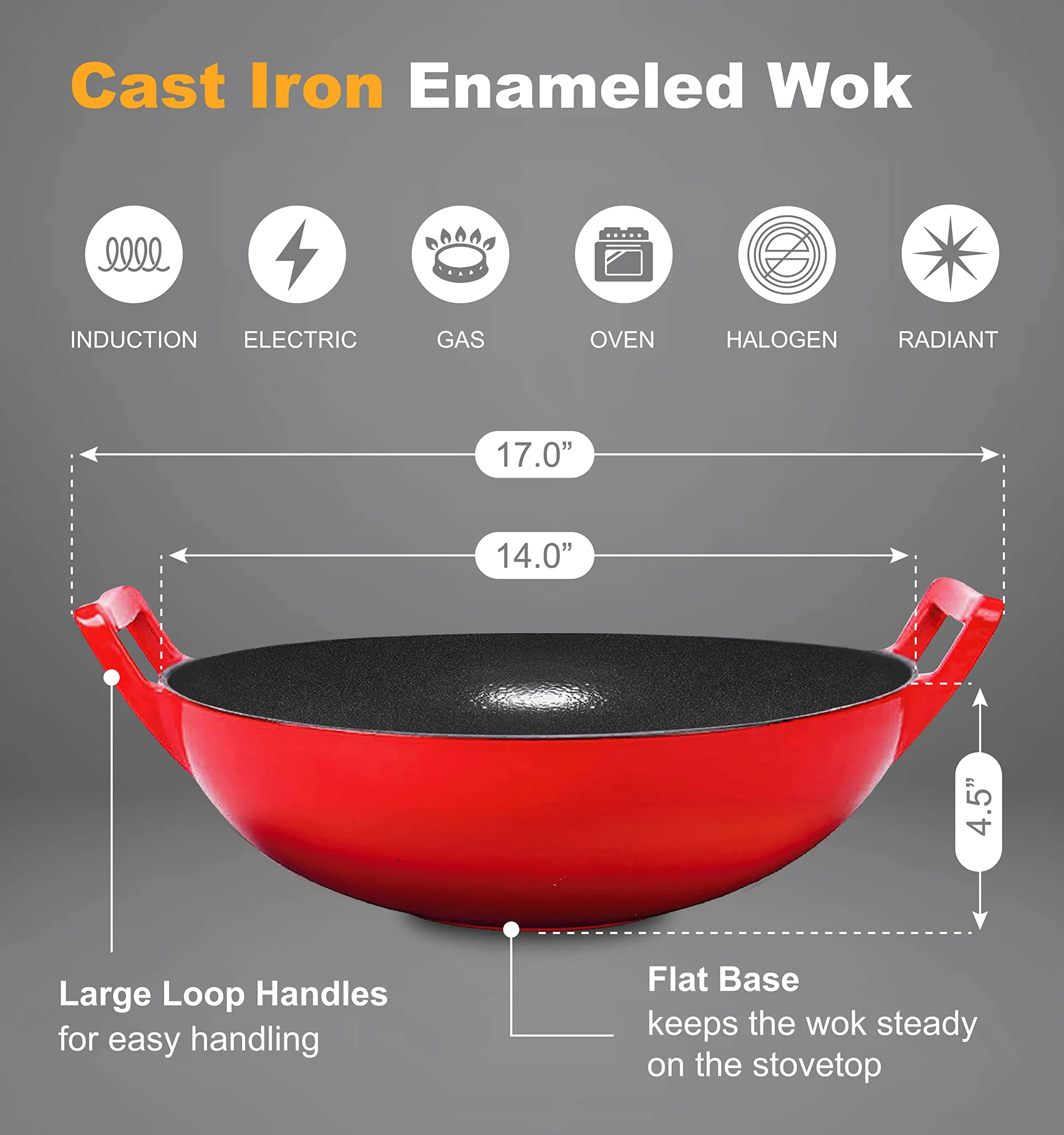 Bruntmor, Pre-Seasoned Cast Iron Wok, Black, 14-inch w/ Large Loop Handles & Flat Base