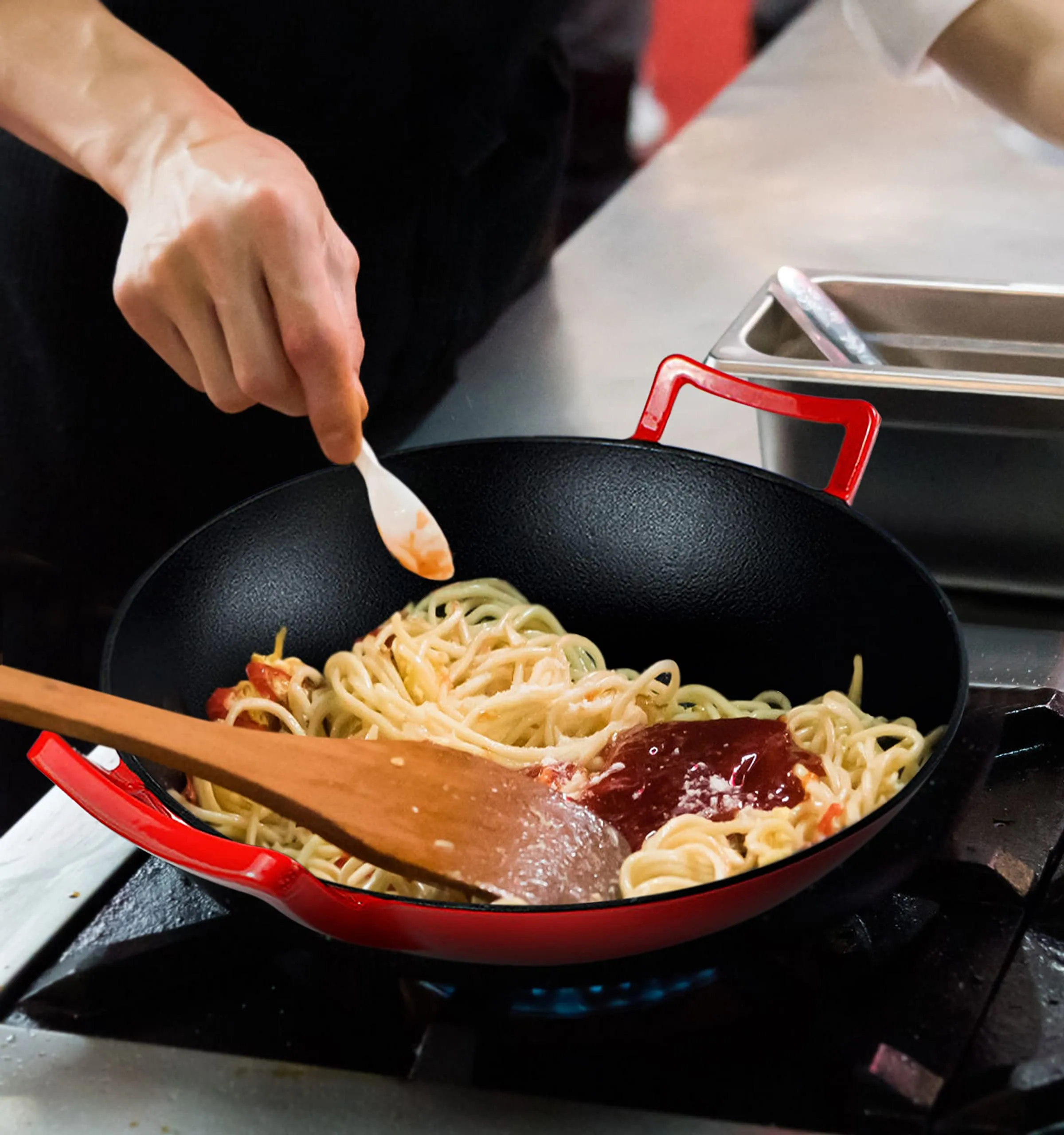 Bruntmor, Pre-Seasoned Cast Iron Wok, Black, 14-inch w/ Large Loop Handles & Flat Base