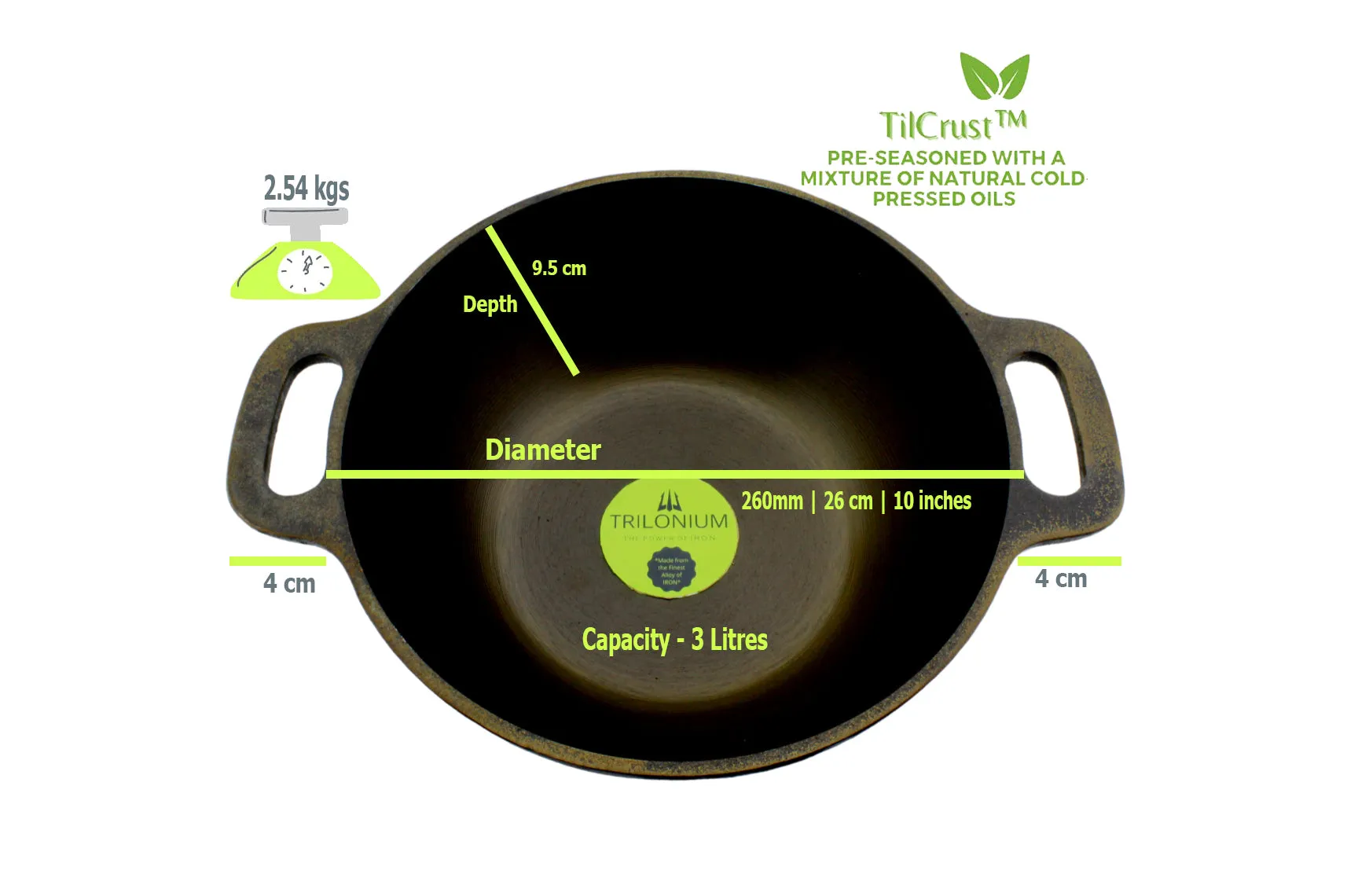 Cast Iron Kadai | Machined Smooth | 10 Inches | 2.54 Kgs | ButterMold