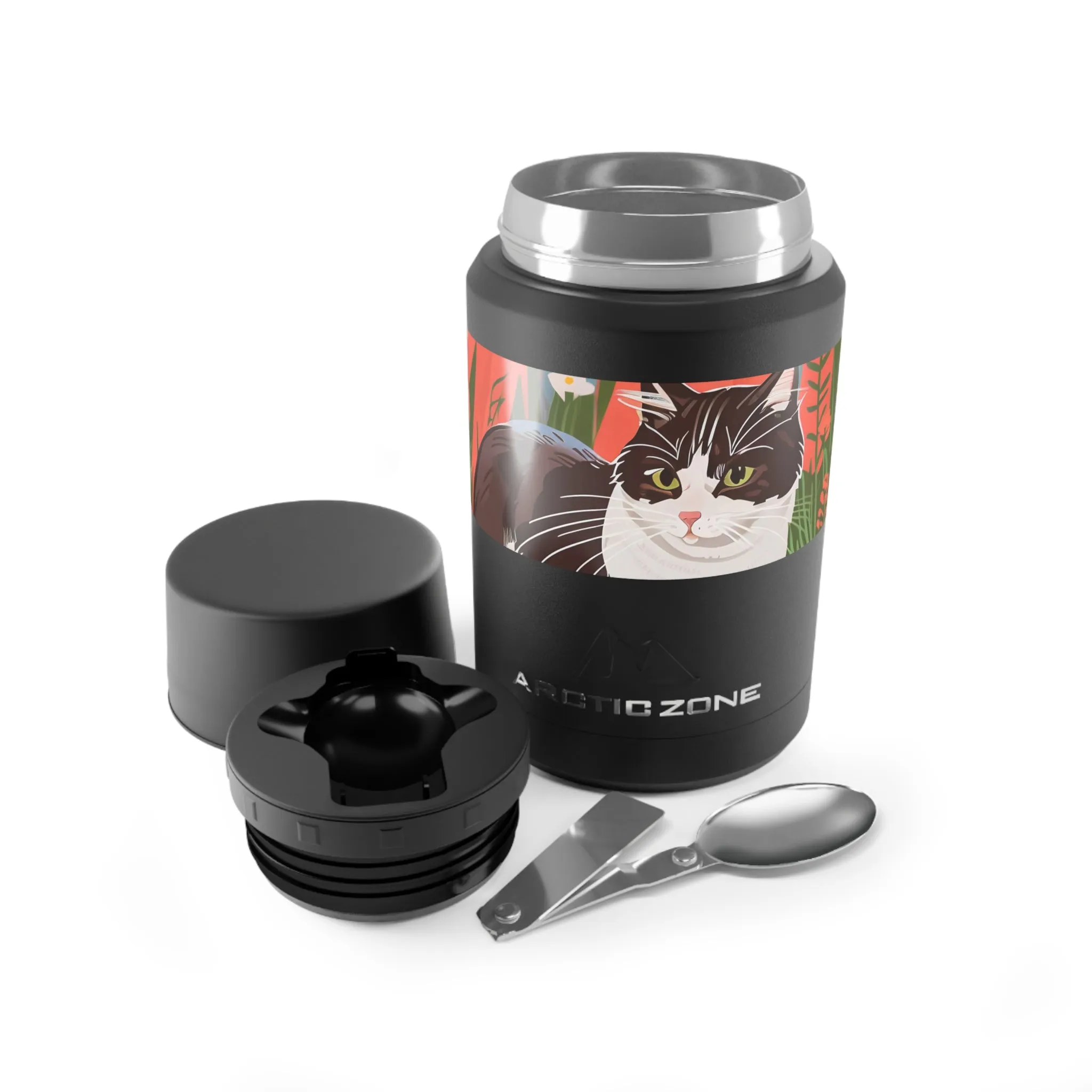 Cat with Wildflowers, Reusable Insulated Food Storage Container with Spoon – 16.9oz