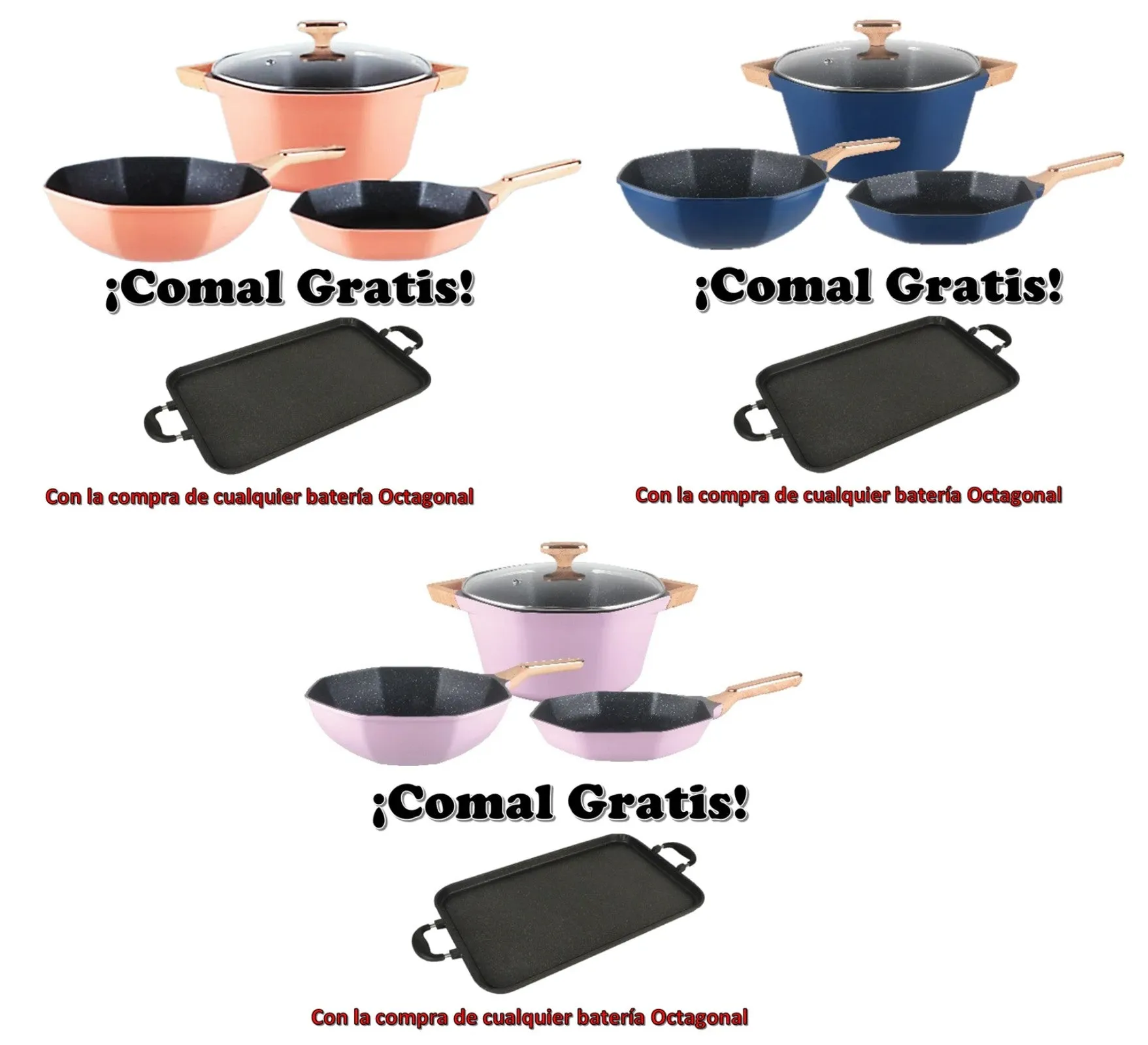 Combo OCTAGON 4 piece Cookware set with griddle for GAS stove/ Combo de Octagon de 4 piezas con comal GRATIS para estufa de GAS!