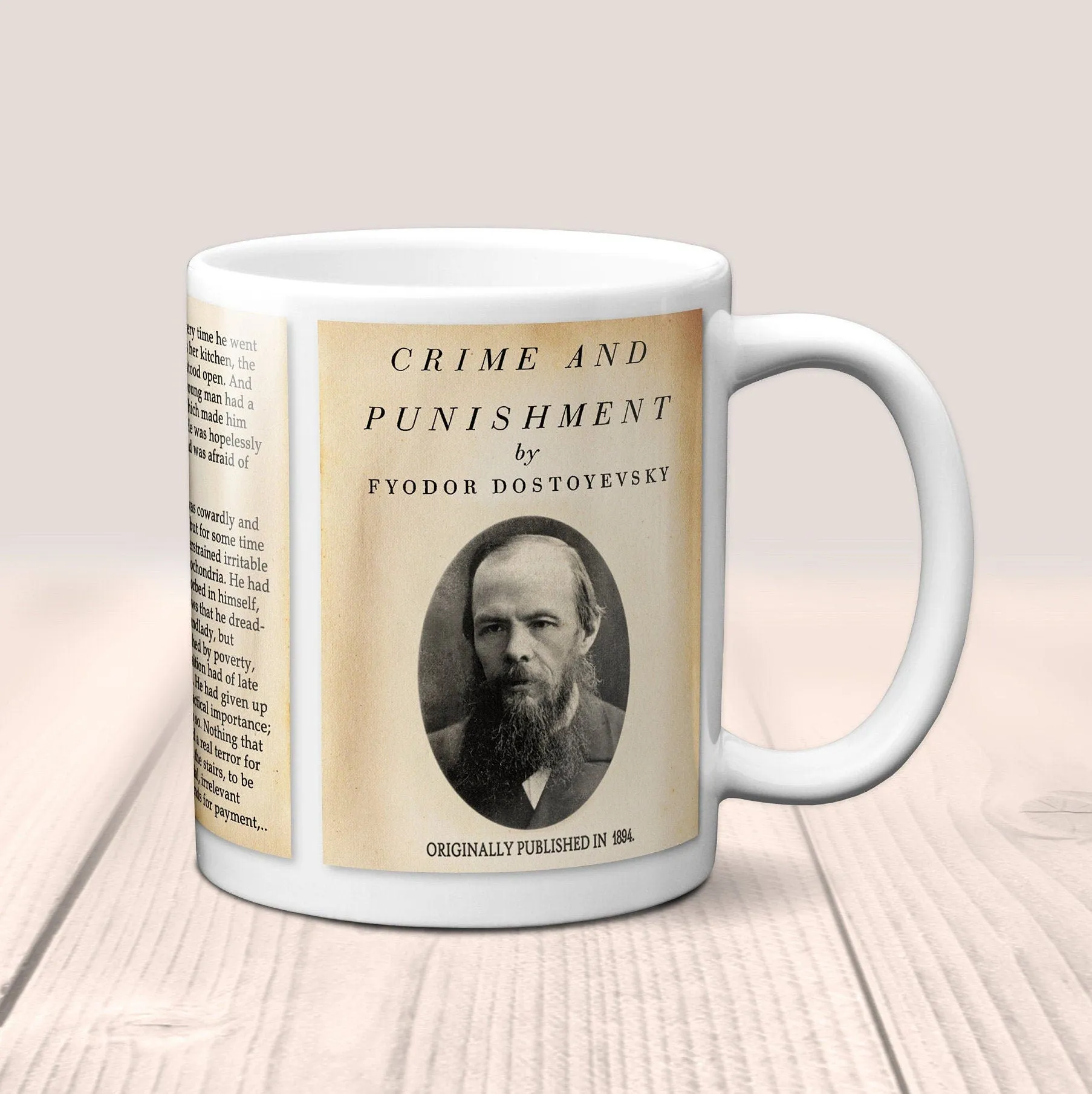 Crime and Punishment by Fyodor Dostoyevsky Mug.Coffee Mug with Crime and Punishment (English version) book Title and Book Pages,Bookish Gift