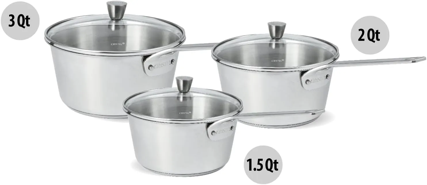 Cristel 1826 Collection - 3 Pc. Stainless Steel Saucepan Set w/Lids