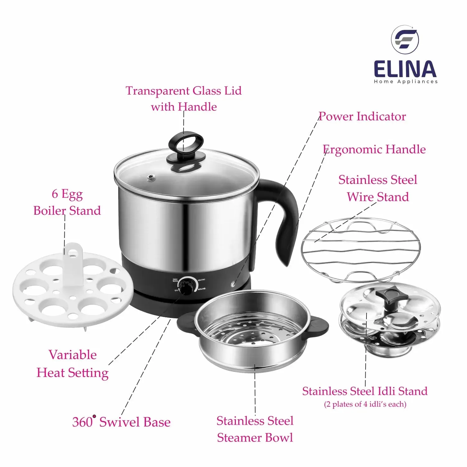 Elina Breakfast Combo Electric Multi Kettle 1.25L with Idli maker | Electric Sandwich Griller 800-watt | Wireless Electric Chopper 250ml